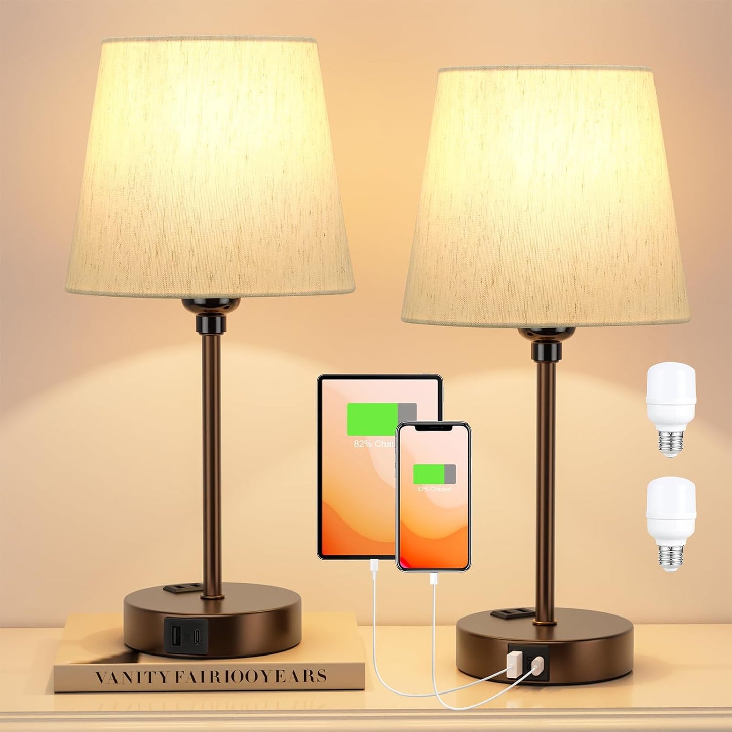 Set of 2 Mini Bedside Lamps with USB-C & AC Outlet - Dimmable Touch Nightstand Lights for Bedrooms