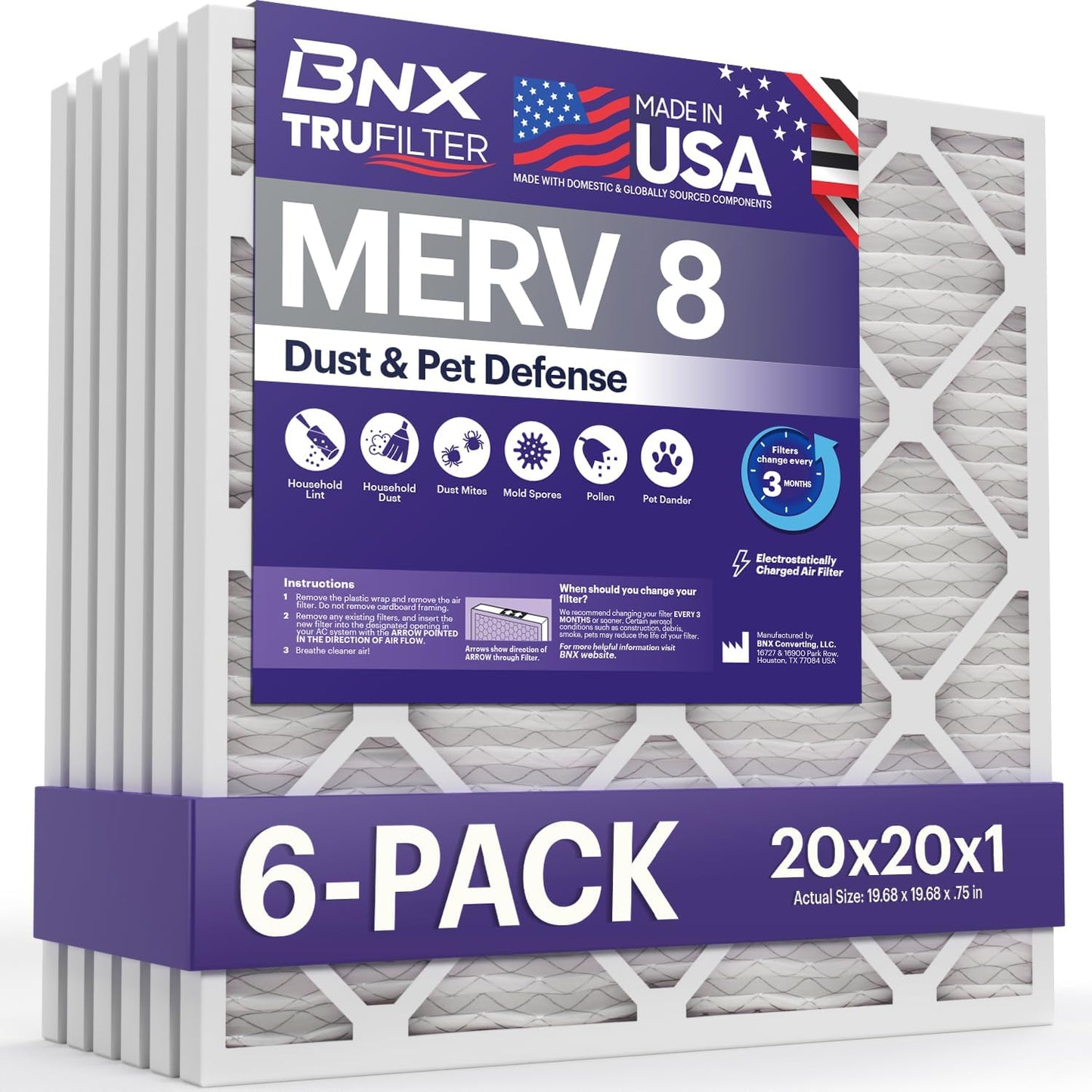 BNX TruFilter 12x12x1 MERV 8 Air Filters (6-Pack) - USA-Made Dust & Pet Defense for HVAC