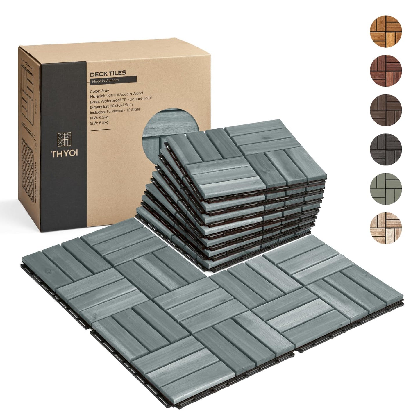 Outdoor Waterproof Acacia Wood Deck Tiles - 10 Pcs Patio Flooring for All Weather Use