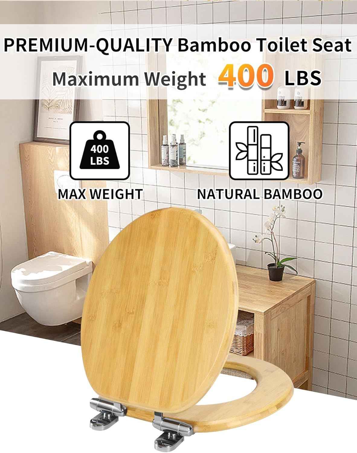 17-Inch Round Bamboo Toilet Seat with Quick Release & Slow Close - Zinc Alloy Hinges