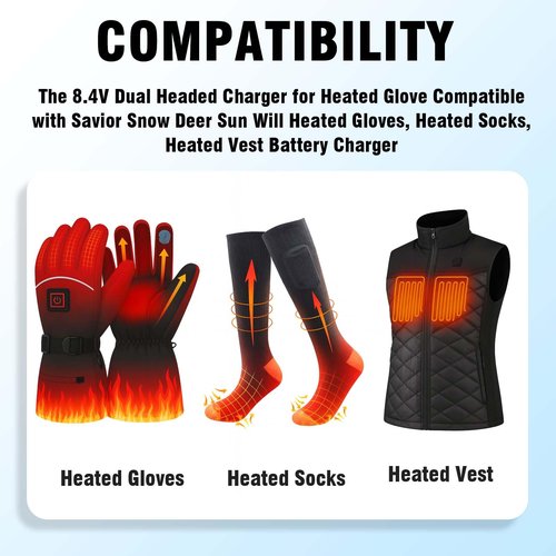 8.4V Dual Headed Charger for Heated Glove Compatible with Savior Snow Deer Sun Will Heated Gloves,Replacement for Heated Socks, Heated Vest Battery Charger(Battery not Included)