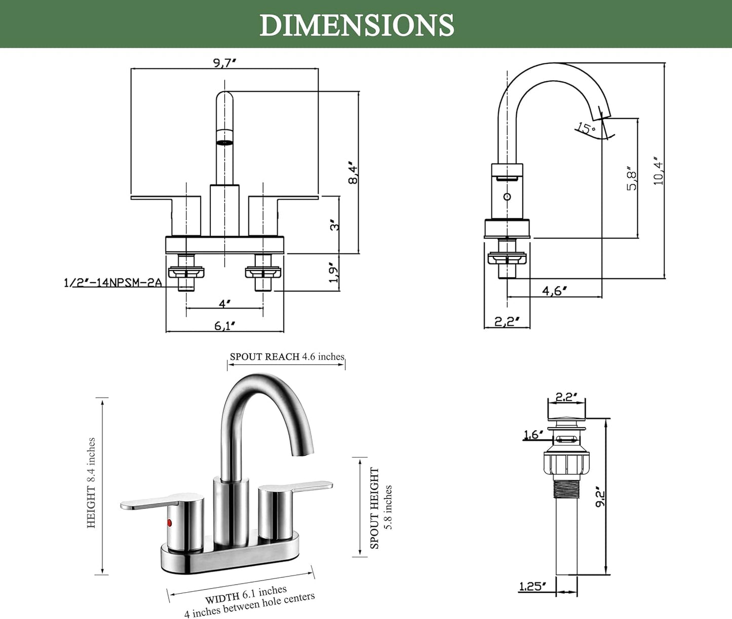 Brushed Gold Bathroom Sink Faucet - Modern 4-Inch Centerset with 360° Swivel Spout & Drain Assembly
