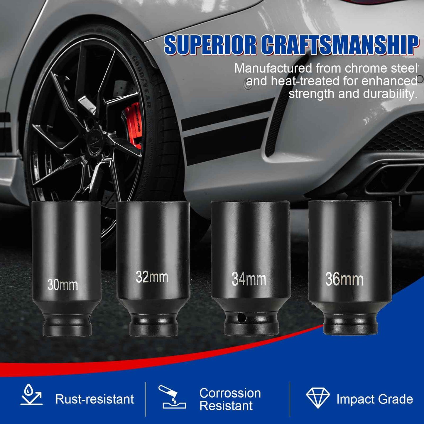 NYXOVA 1/2" Drive Deep Spindle Axle Nut Impact Socket Set, 12 Point Metric 30mm 32mm 34mm 36mm Drive Spindle Axle Hub Nut Socket Set, CR-MO, 4-Piece 1/2" Heavy Duty Impact Socket Set