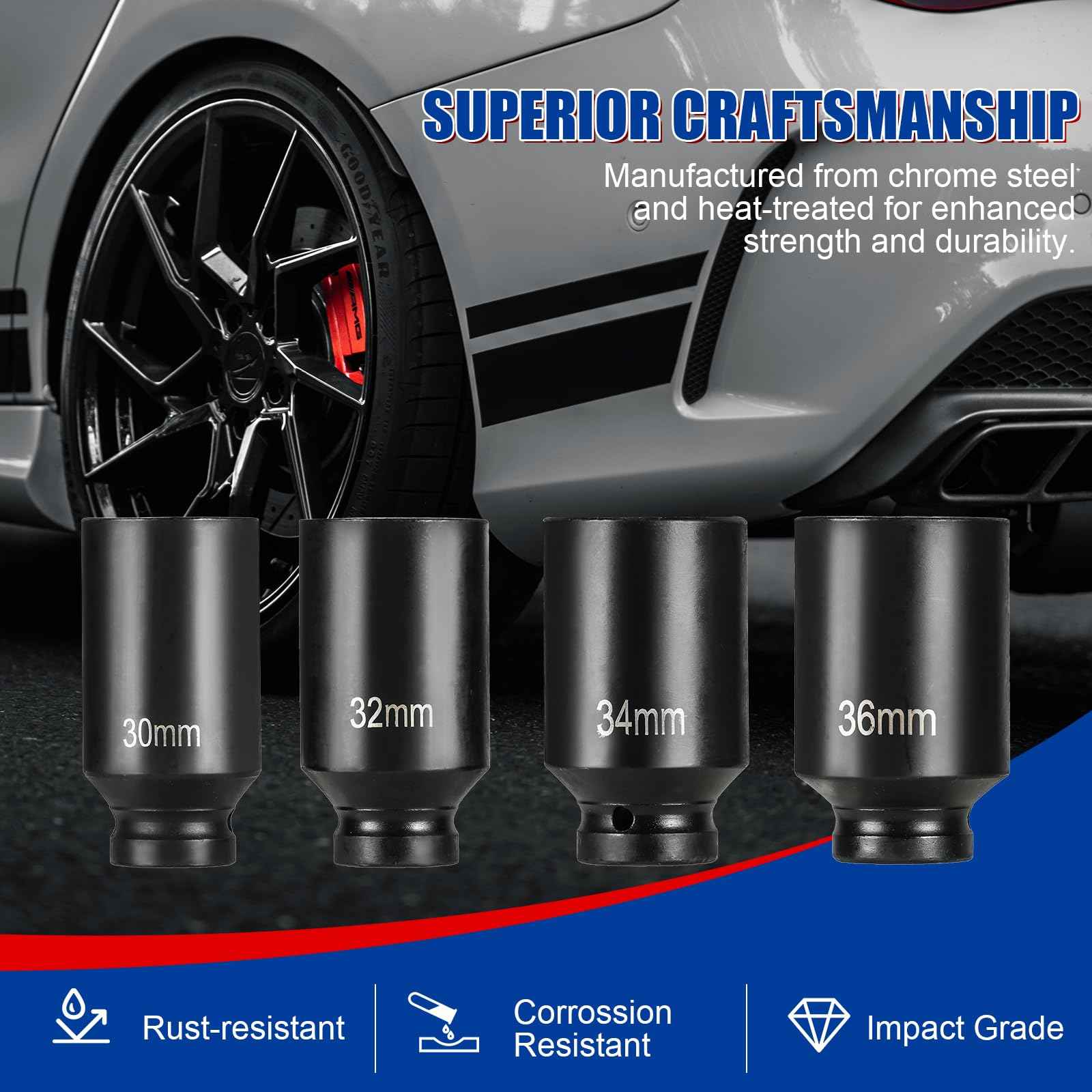 NYXOVA 1/2" Drive Deep Spindle Axle Nut Impact Socket Set, 12 Point Metric 30mm 32mm 34mm 36mm Drive Spindle Axle Hub Nut Socket Set, CR-MO, 4-Piece 1/2" Heavy Duty Impact Socket Set