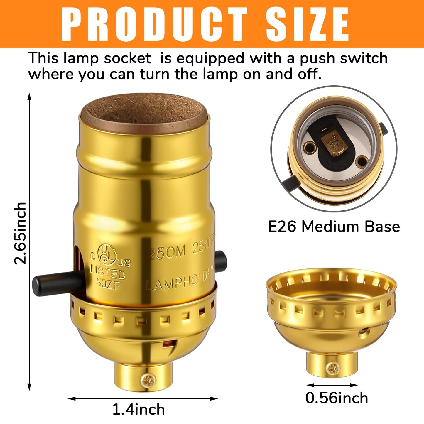 Saysurey 4 Pack UL Listed Lamp Socket with Push On/Off, E26 Threaded Base, Medium Screw Push Socket, Lamp Parts for Floor and Table Lamps, DIY Project, Gold