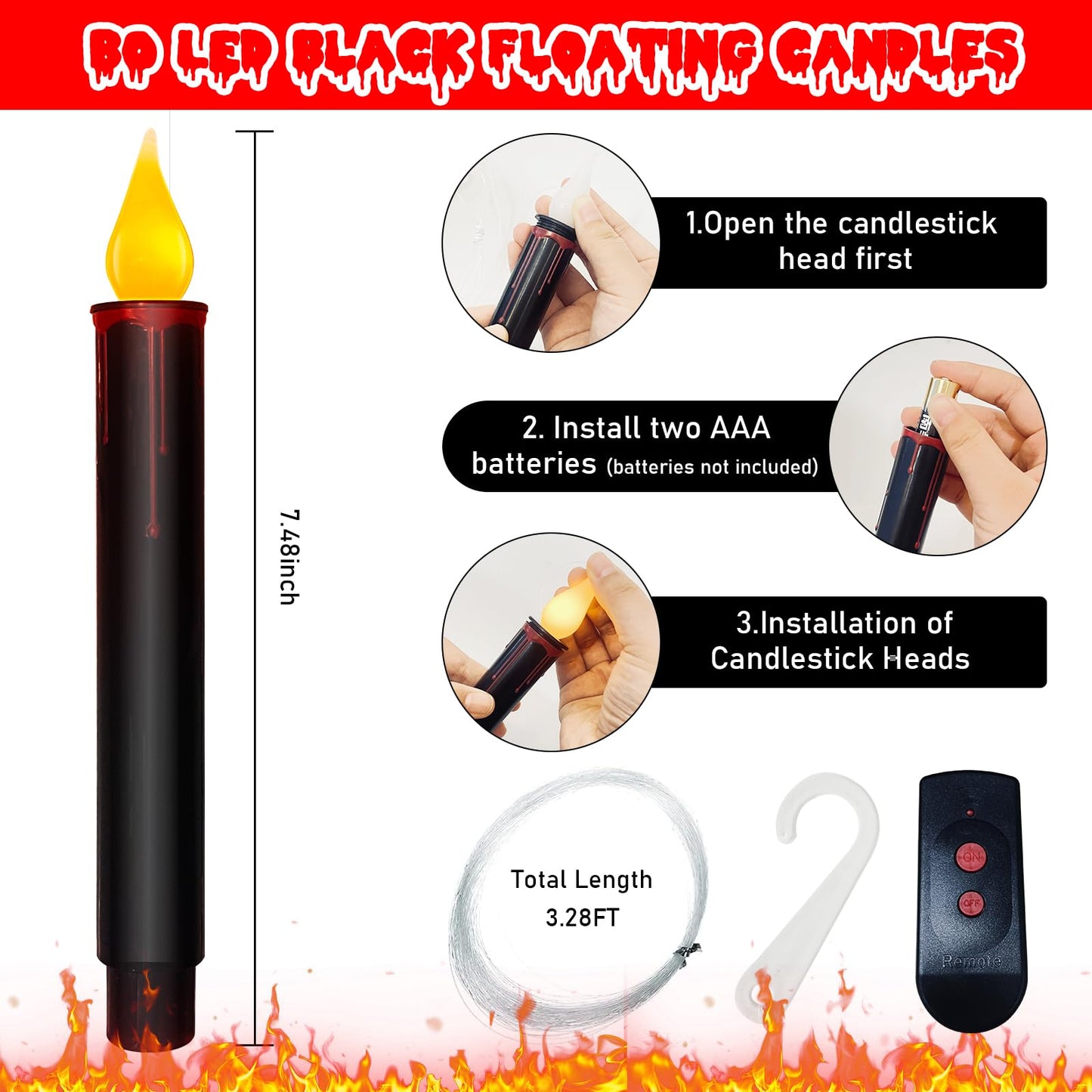 Halloween Decorations Candles Lights, 10 Pcs Christmas Black Floating Candles with Remote, Hanging Flickering Warm Flameless Candles LED Battery Operated Candles for Indoor Halloween Christmas Party