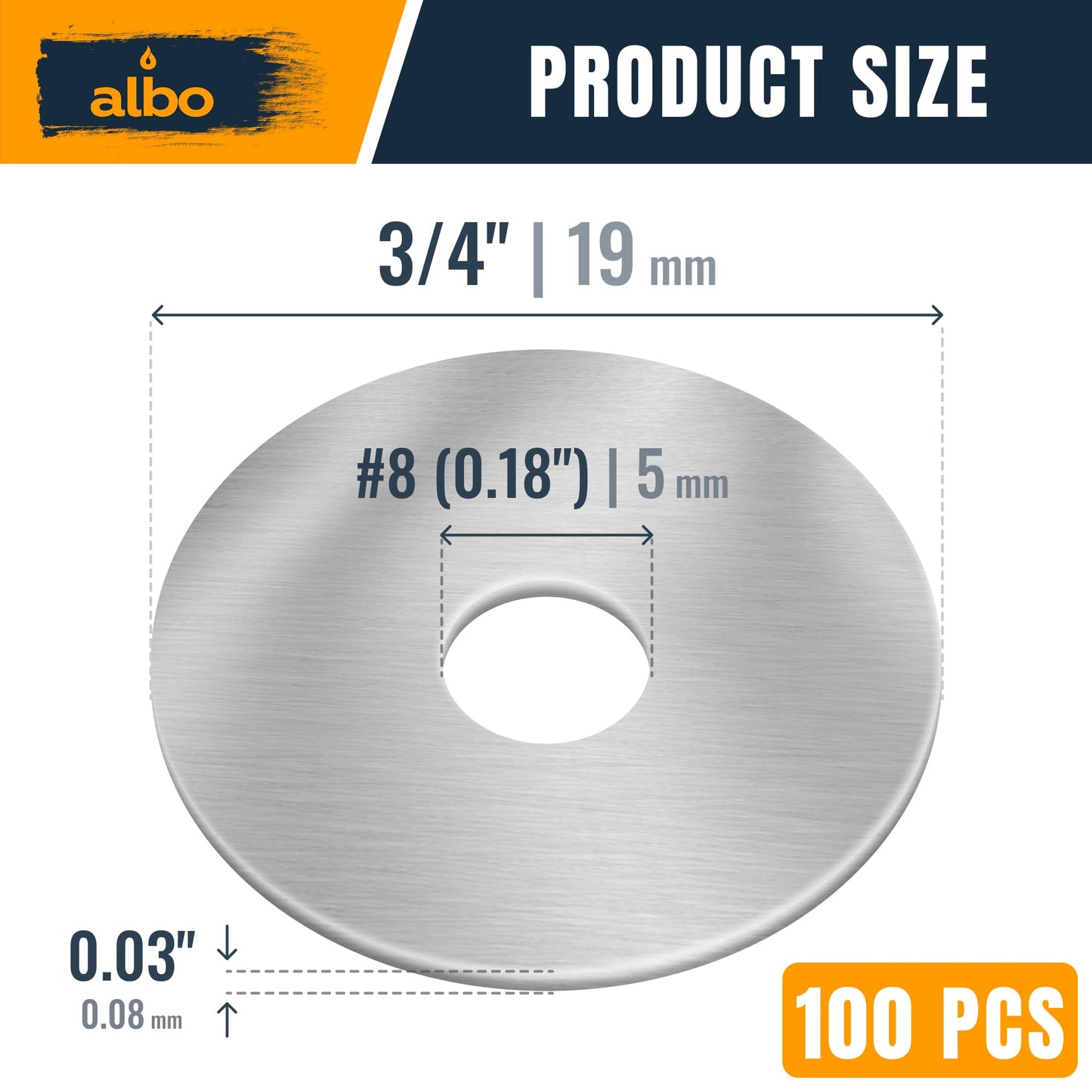 100 Pcs Stainless Steel Fender Washers #8 x 3/4 Inch Flat Washers for Screws and Bolts, 304 Stainless Steel, Heavy Duty Washer Set for Industrial and DIY Use