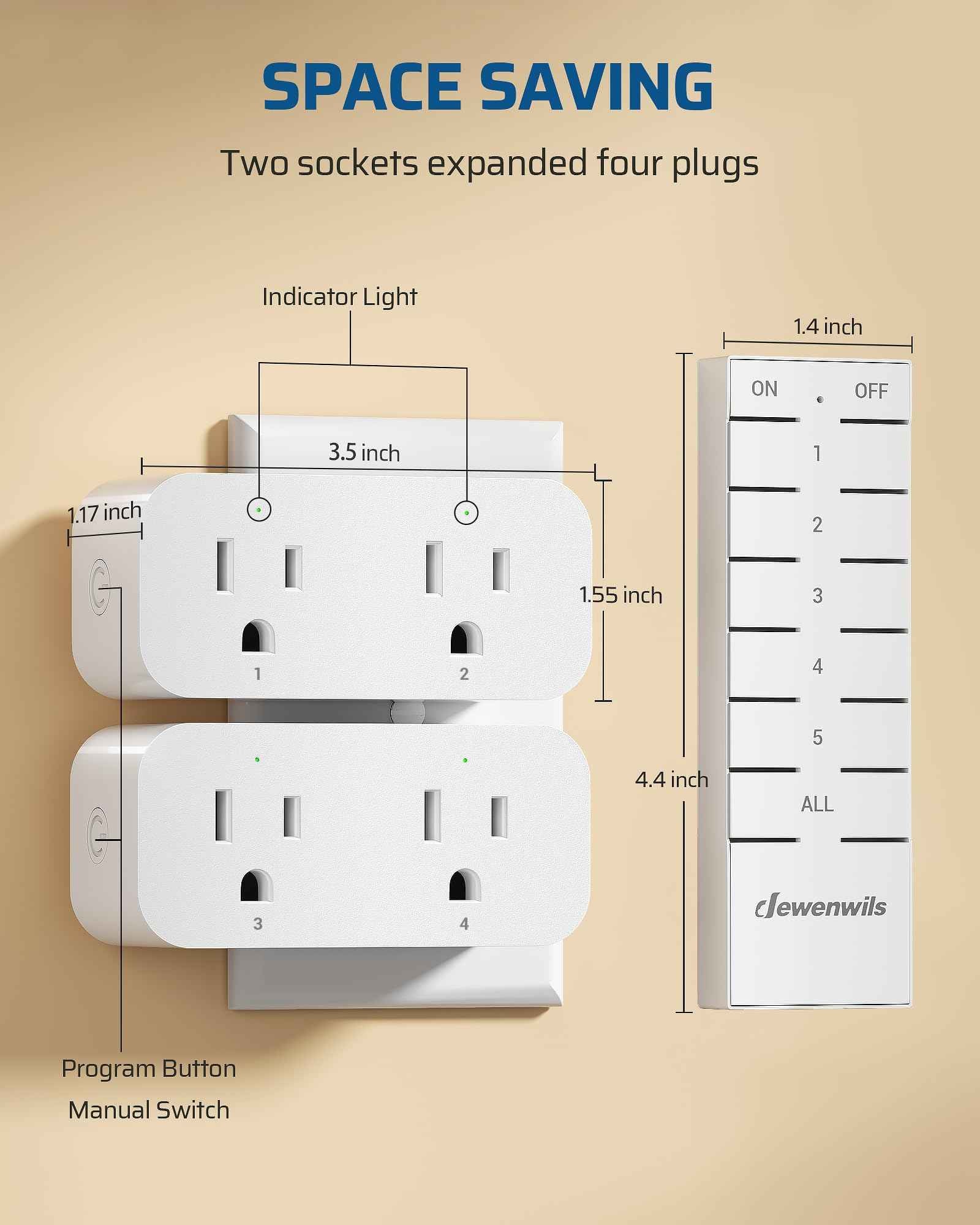 DEWENWILS Remote Control Outlet, Indoor Remote Outlet 2 Pack with 4 Independent Control & 1 All Control, Remote Outlet Switch for Lamp, Fan, Vacs, Christmas Light, 100FT Range, 15A/1875W, FCC Listed