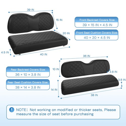 Golf Cart Seat Covers 4 PCS Front and Rear Seat Covers Sets Fit Club Car Precedent Standard Seat Cushion,Vinyl Leather Diamond Replacement Club Car Seat Cover,Adjustable Buckle No Stapler Needed