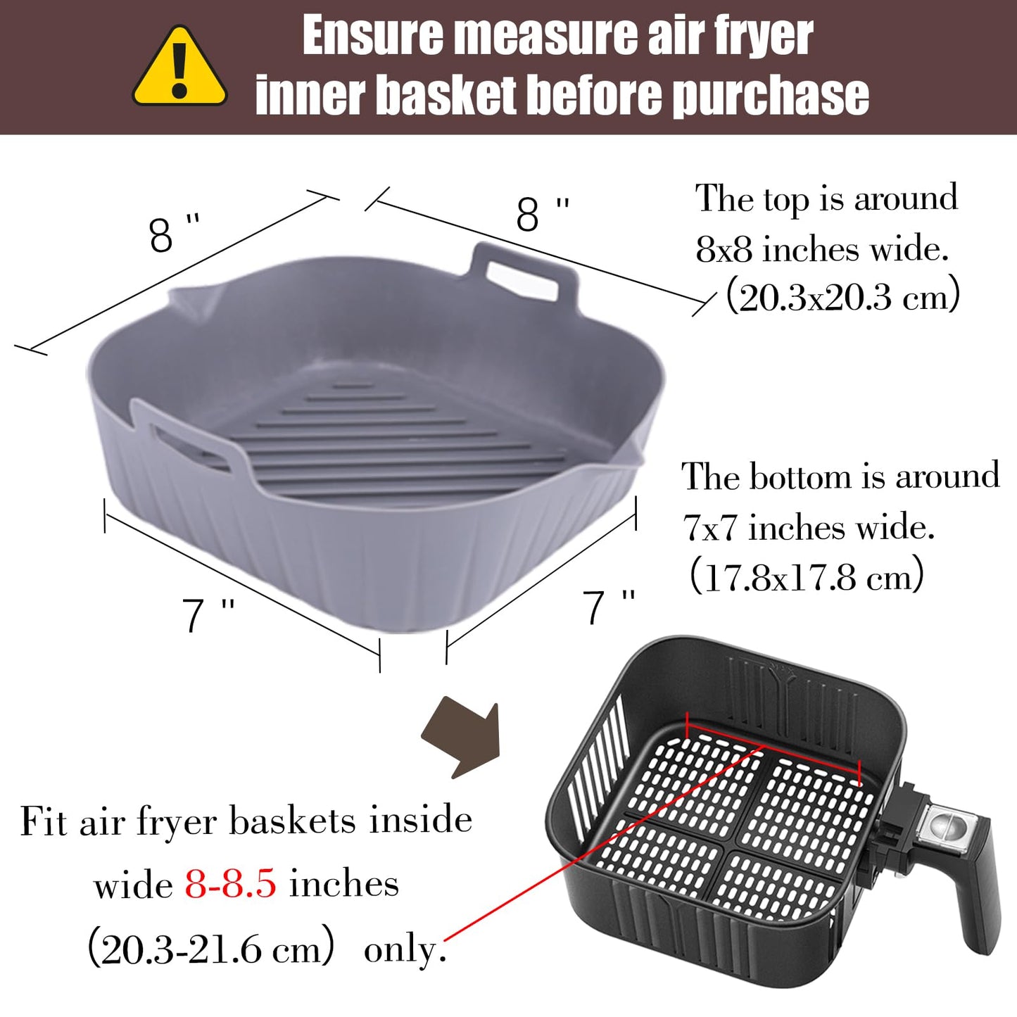 Golden Associate Silicone Liners Square for Air Fryer, 2 Pcs Non-stick Food-grade Reusable Basket Silicone Pot Baking Tray Airfryer Accessories, Top Size 8 inches, Bottom Size 7 inches, Grey