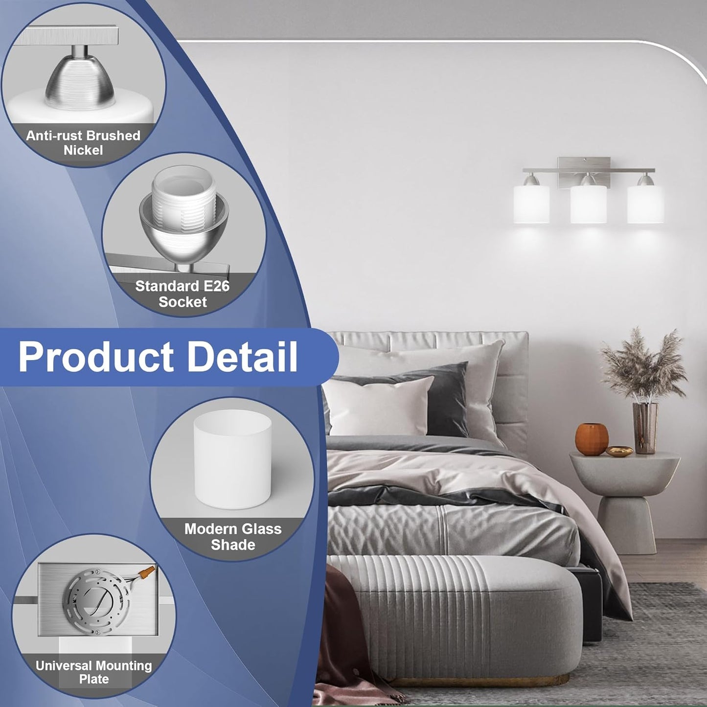 Modern 4-Light Bathroom Vanity Light Fixture - Anti-Rust Over Mirror Sconce with Milky White Glass Shades, E26 Base