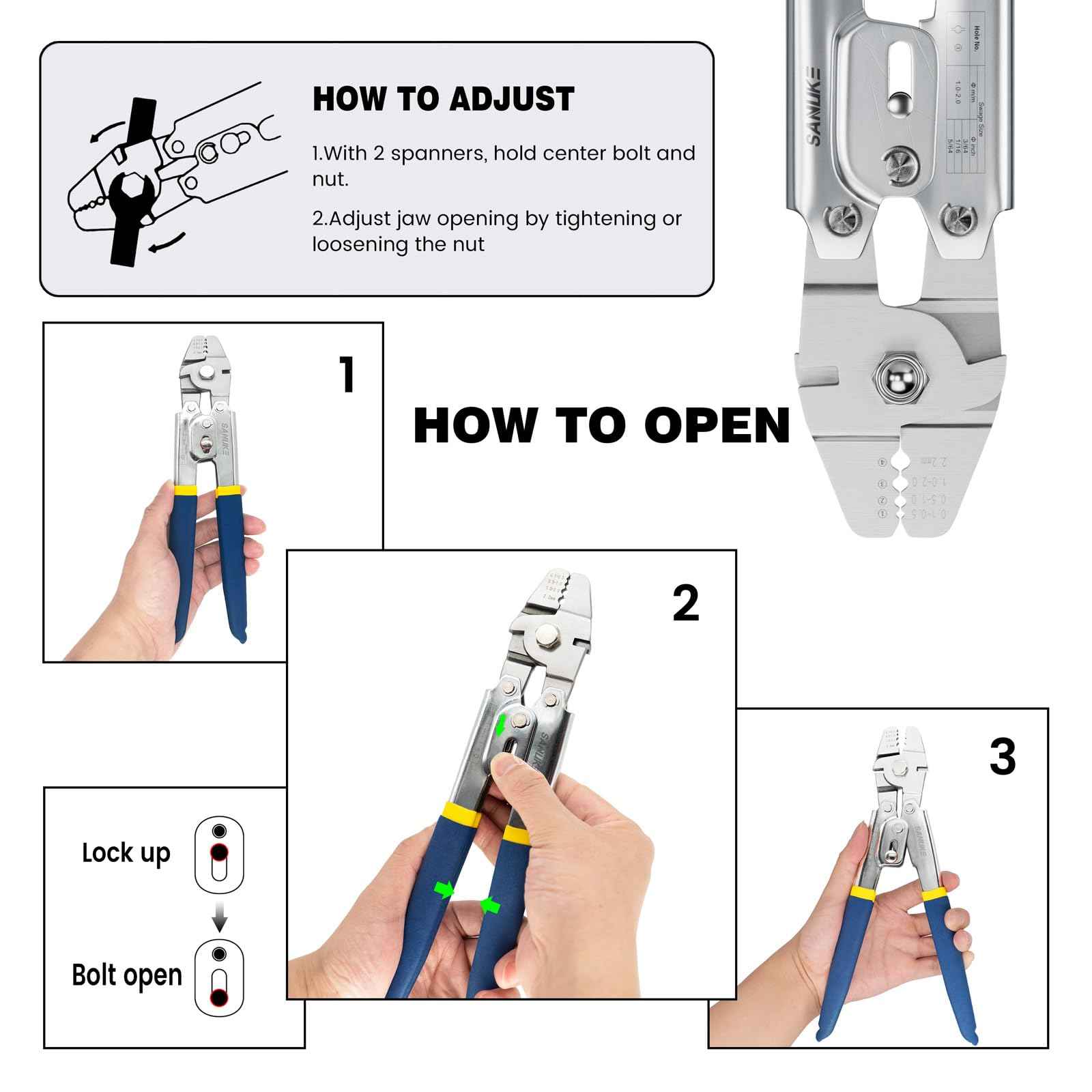 Sanuke Wire Rope Crimping Swaging Tool Cable Crimps up to 2.2mm(2/32inch) with 160pcs 4sizes Aluminum Double Barrel Ferrule Loop Sleeve and 10pcs Stainless Steel Thimble Assortment Kit