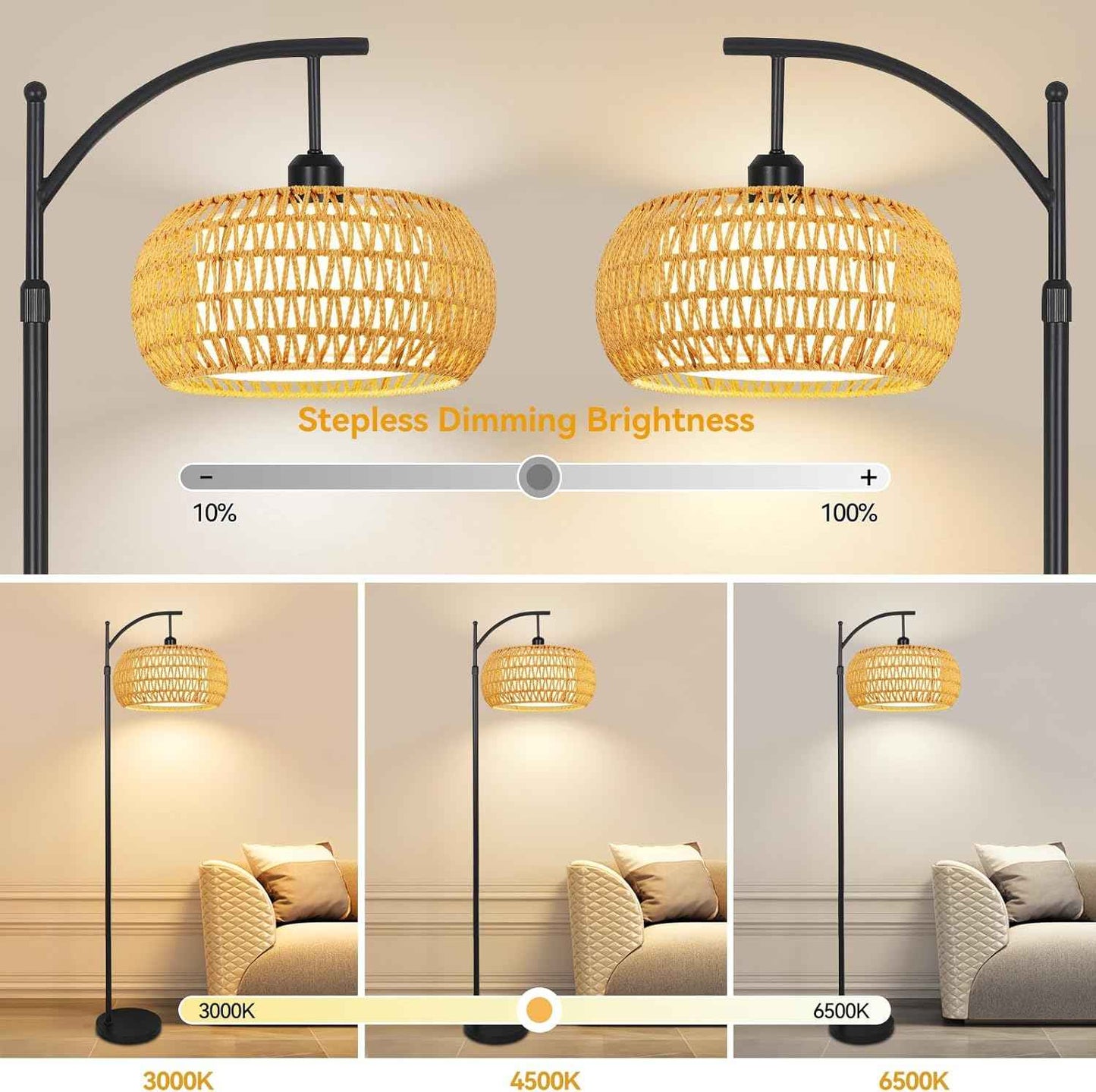 Boho Gold Floor Lamp with Remote Control | Dimmable Rattan & Wicker Design for Living Room