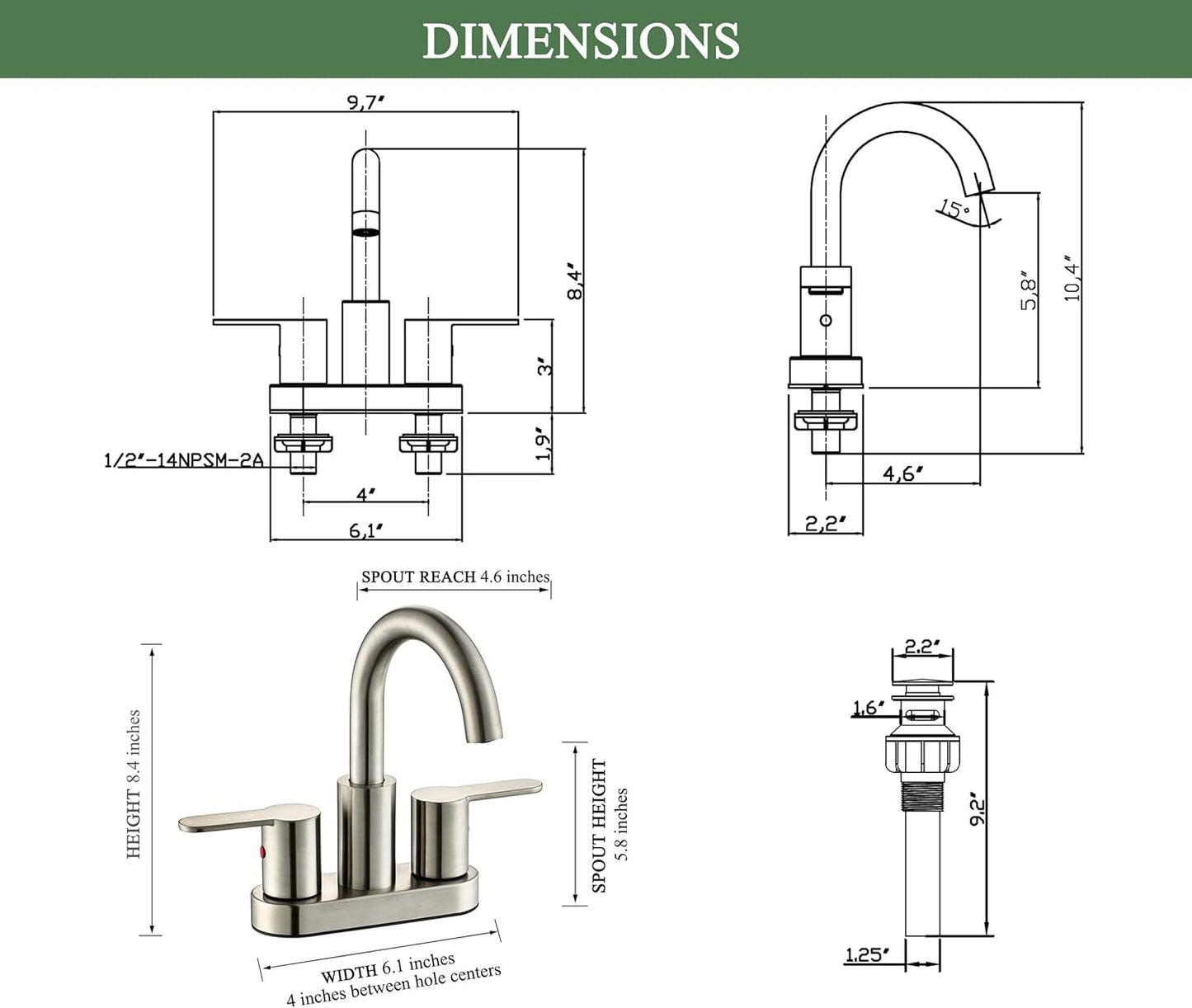 Brushed Gold Bathroom Sink Faucet - Modern 4-Inch Centerset with 360° Swivel Spout & Drain Assembly