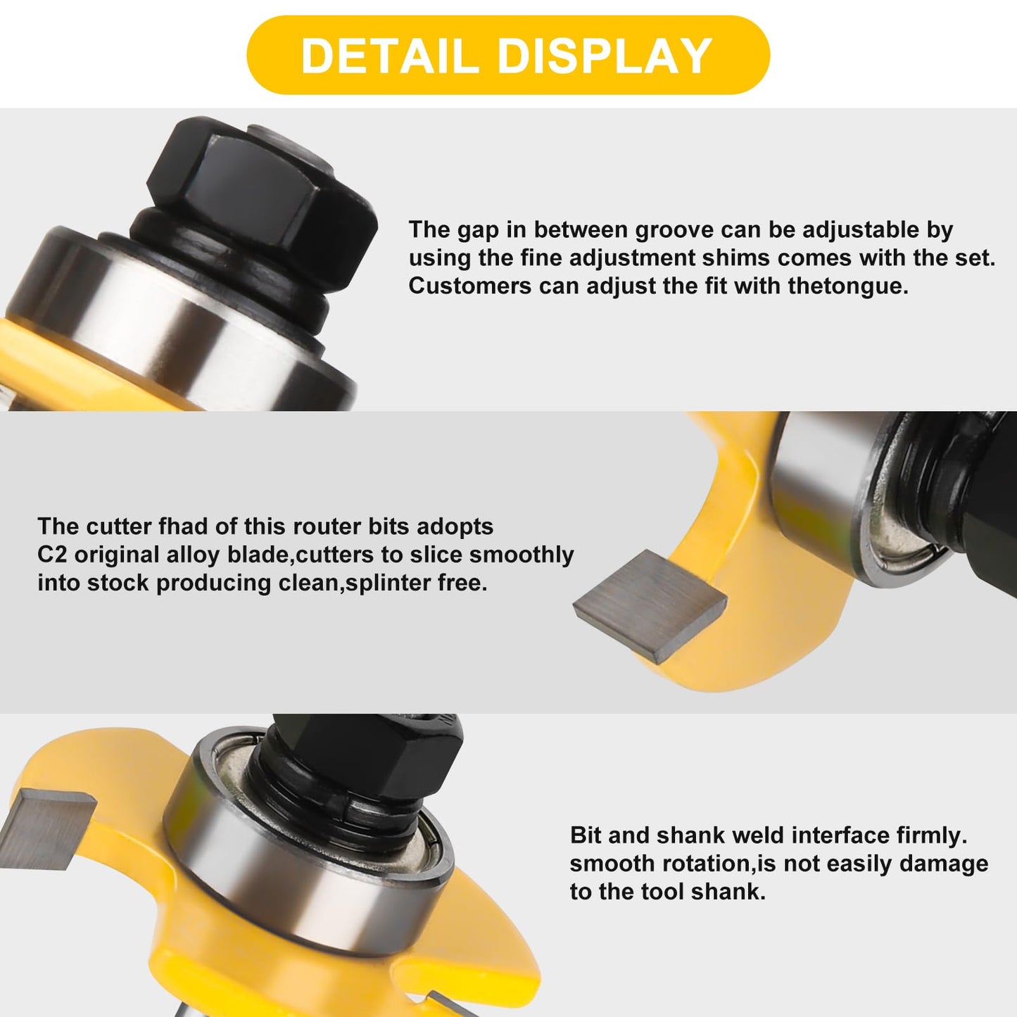 Tongue and Groove Router Bit Set 1/4 Inch Shank, UTRUSTTO 2 Pieces 1/4" Router Bits 3 Teeth Adjustable T Shape Wood Milling Cutter Woodworking Tool