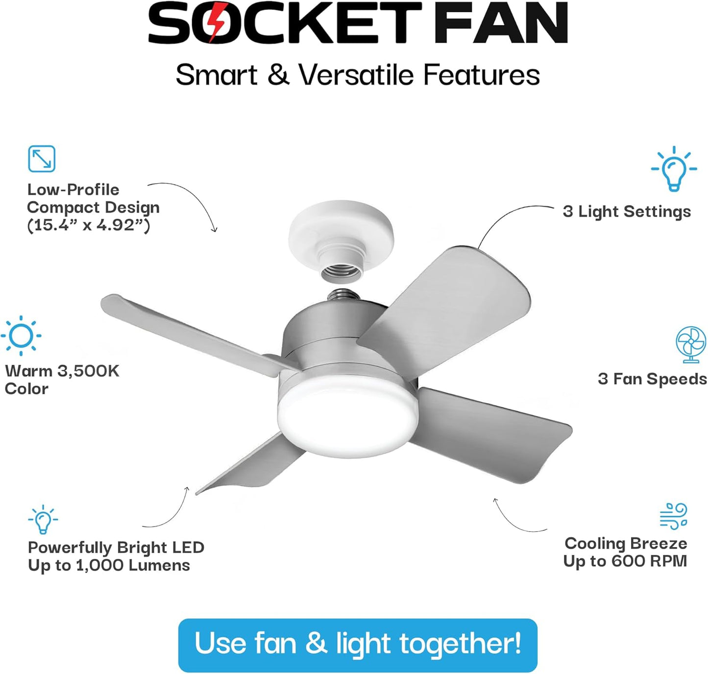 Socket Breeze Ceiling Fan with Light & Remote - Portable 3500K 1000 Lumens E26/E27