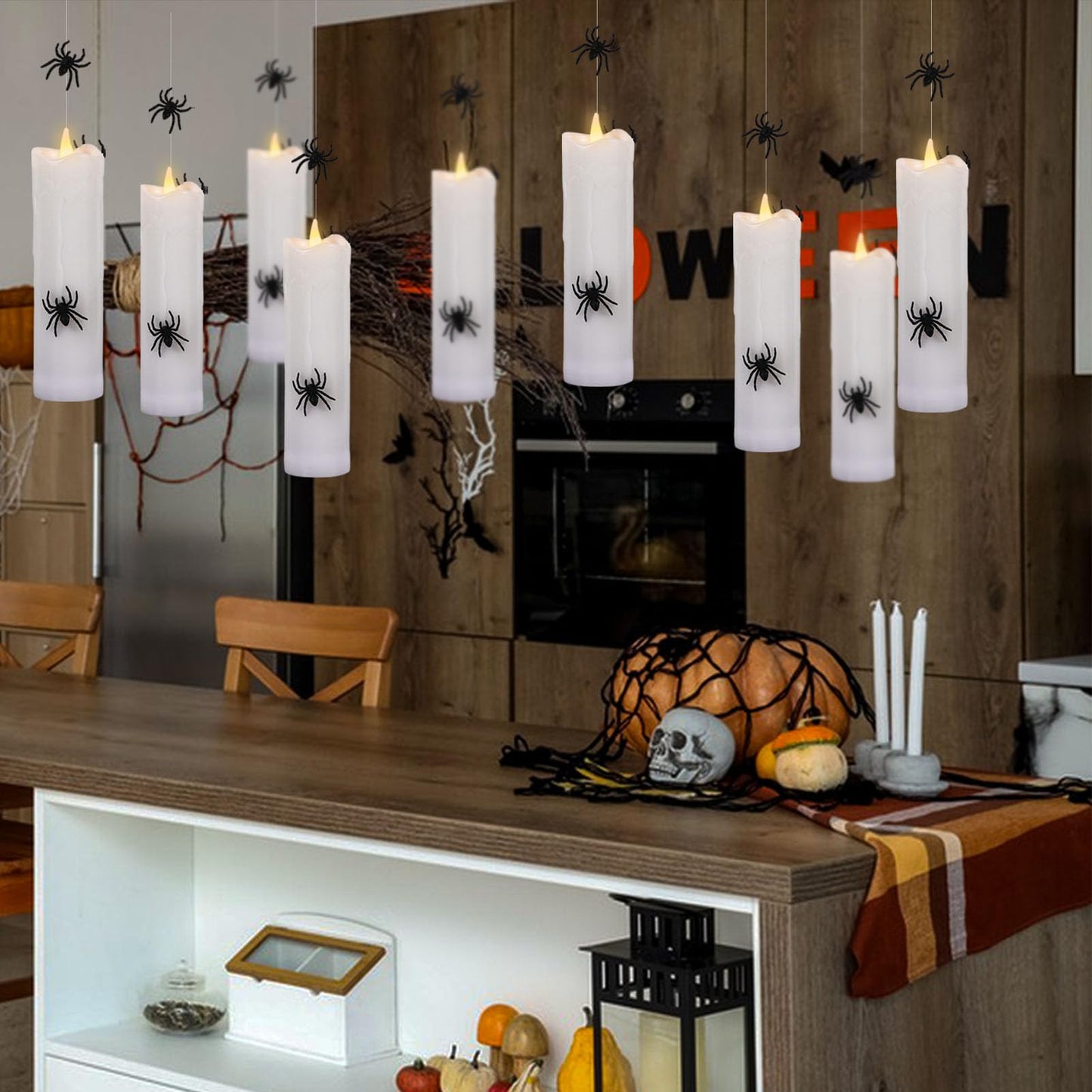 KunSwenn Halloween Floating Candles Flameless with 3D Spider, Set of 4 Hanging Candles Floating with Fishing Line, Floating Candle with Remote, Halloween Candle with 3 Black Spider for Home Decor