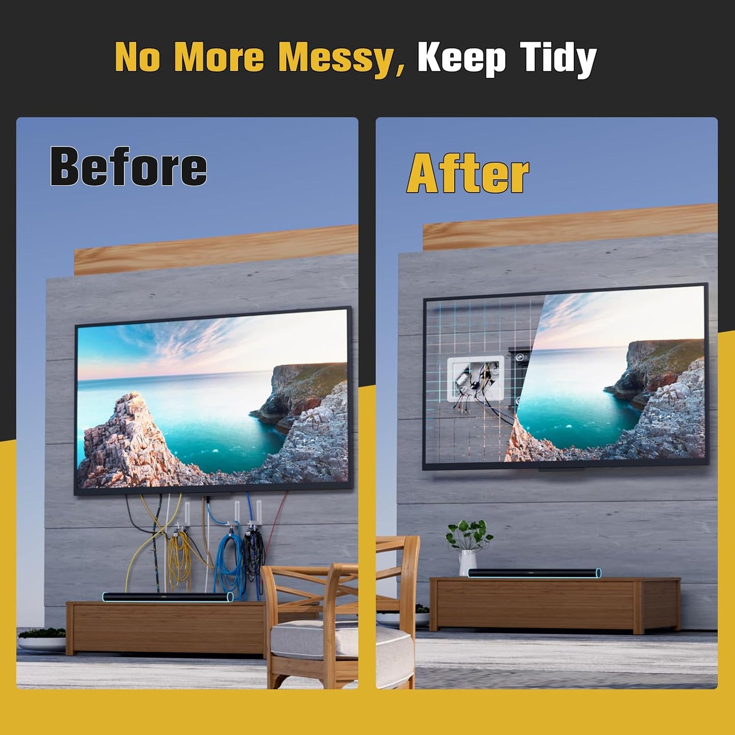 In-Wall TV Box with Flange & 2 Duplex Outlets - Cord Hider for Home Theater Installation