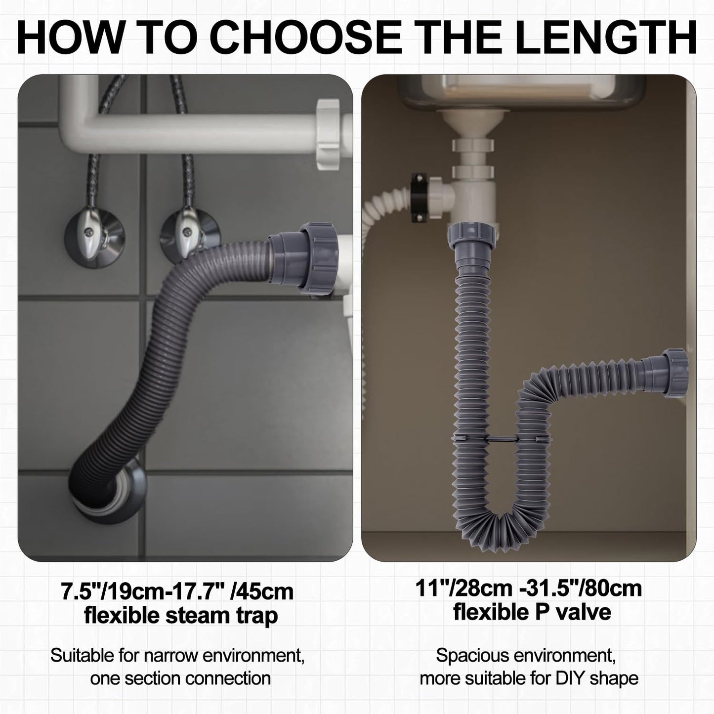 Sink Drain Kit, 1-1/2 Inch Expandable Flexible P-Trap 7.5 Inch - 17.7 Inch Flexible Sink Drain Pipe for Bathroom Sinks Kitchen Sinks