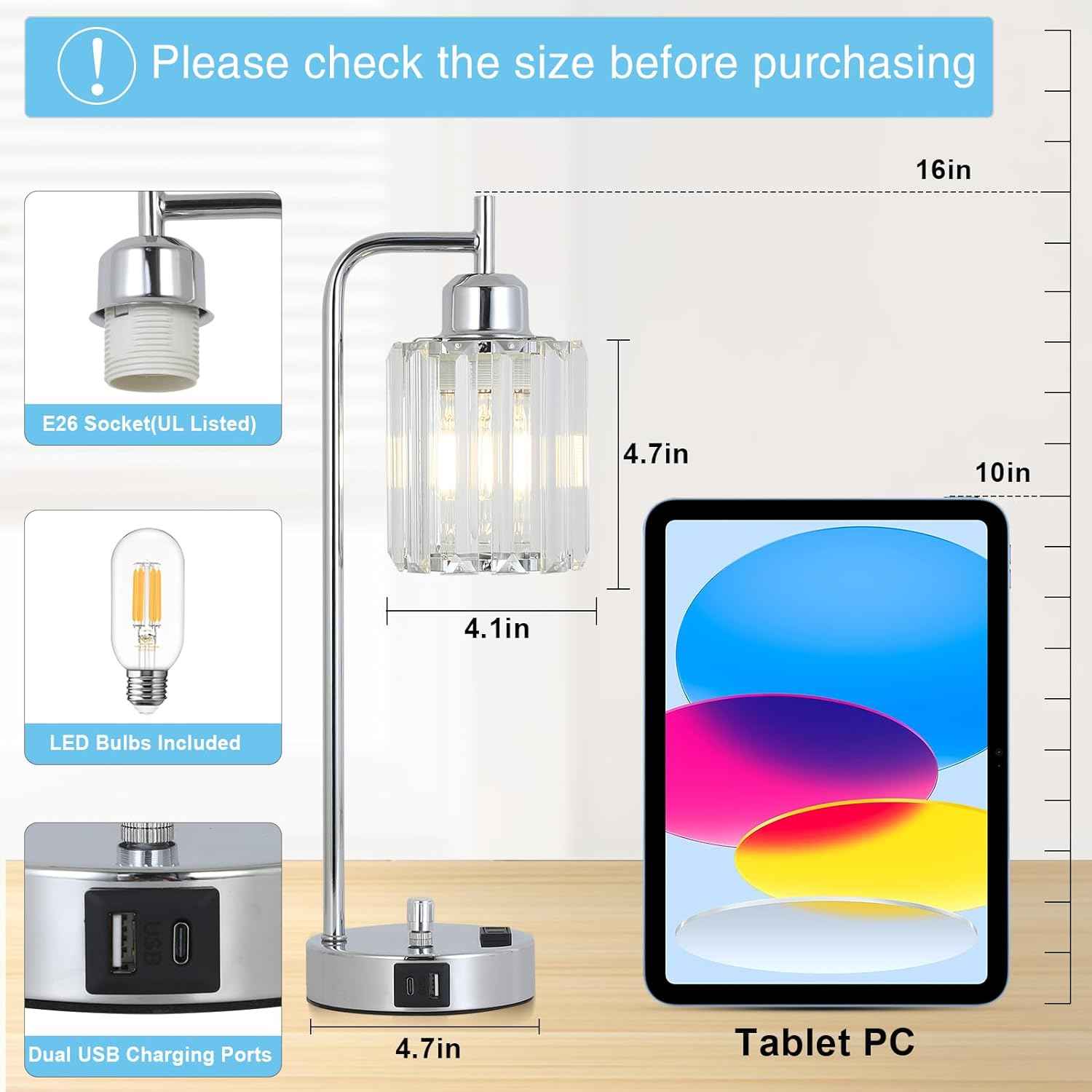 Modern Gold Crystal Table Lamps Set of 2 with LED Bulbs & USB Port - Elegant Bedside Lighting