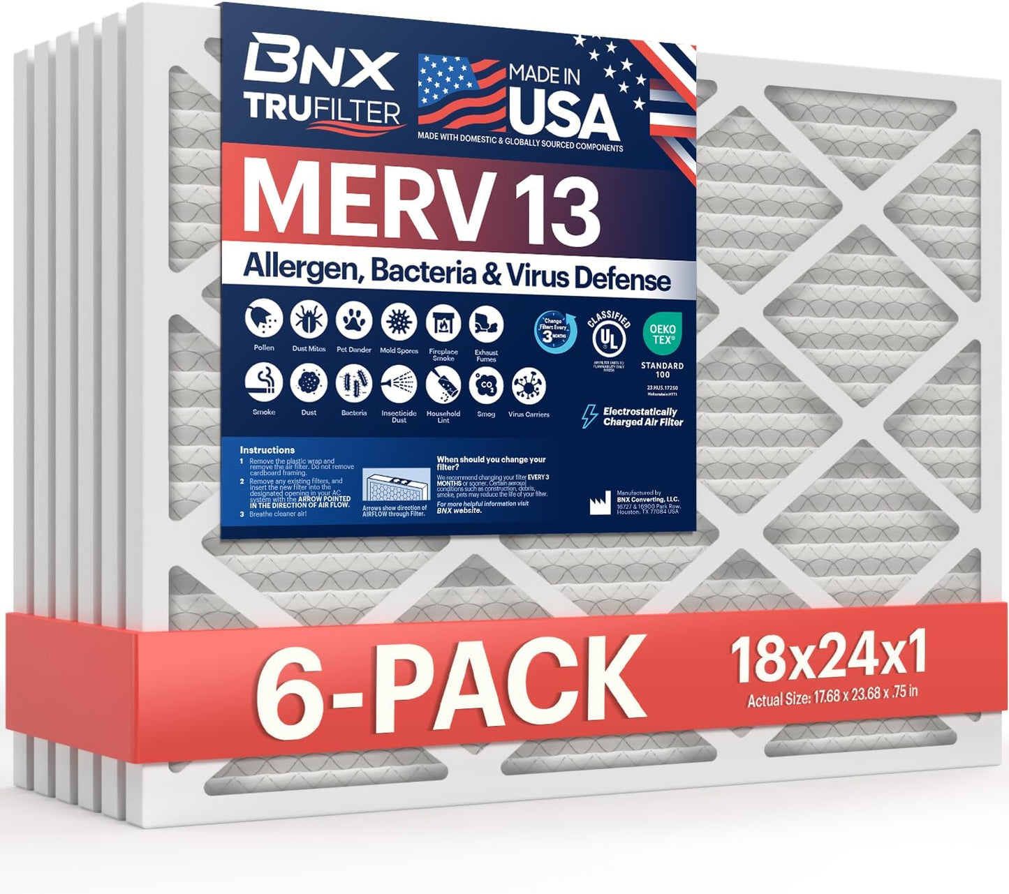 BNX TruFilter 12x12x1 MERV 8 Air Filters (6-Pack) - USA-Made Dust & Pet Defense for HVAC