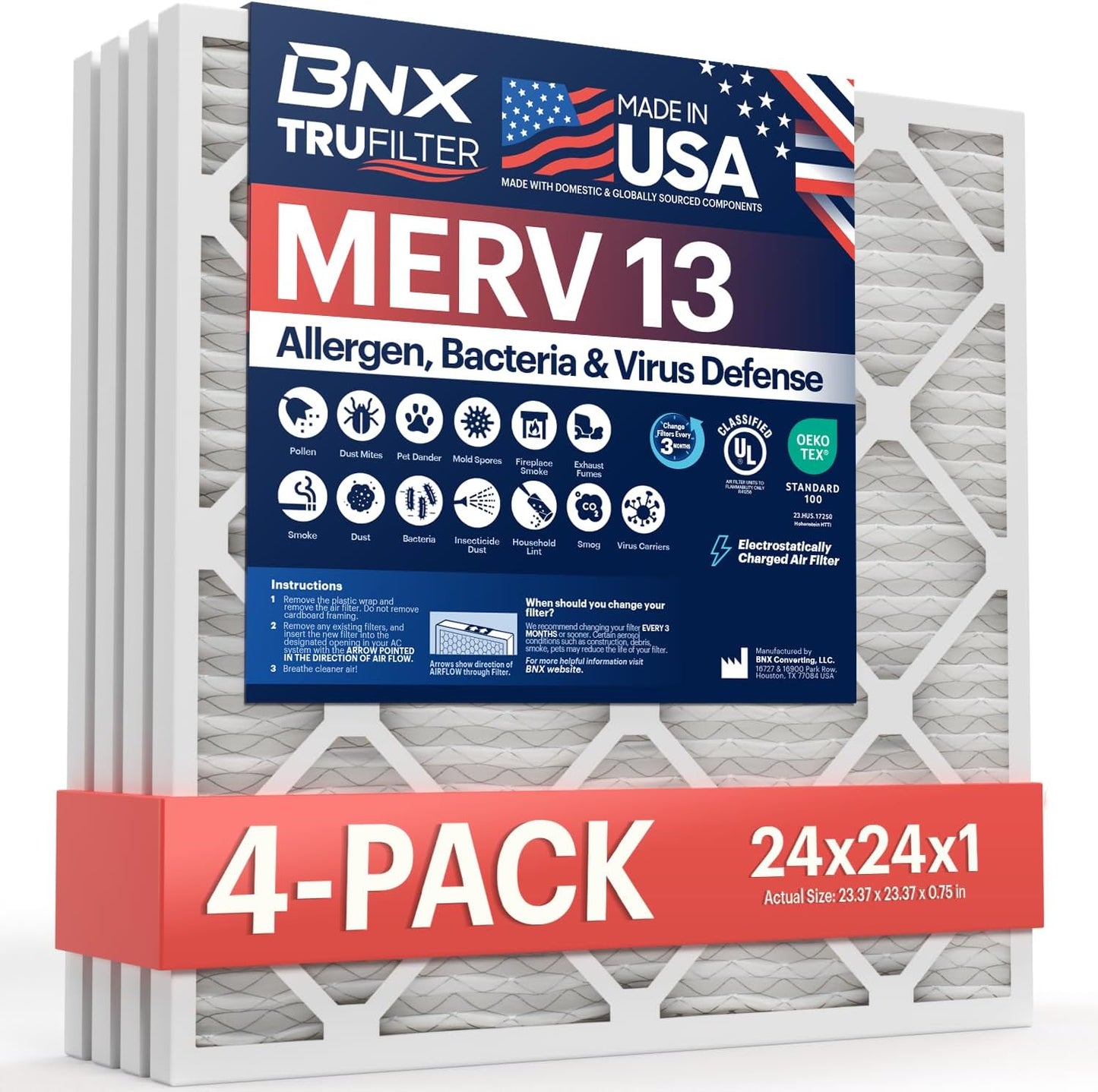 BNX TruFilter 12x12x1 MERV 8 Air Filters (6-Pack) - USA-Made Dust & Pet Defense for HVAC
