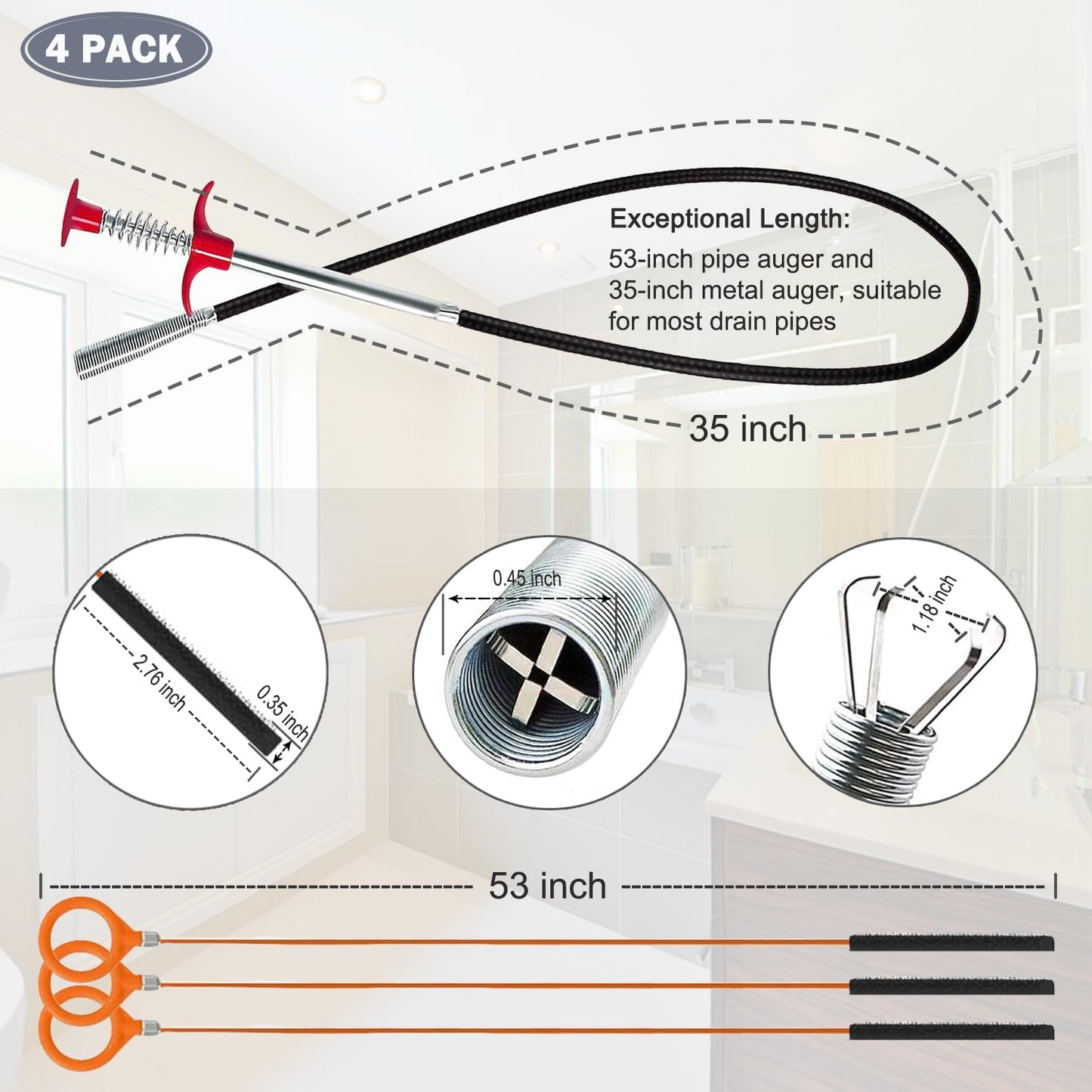 Hair Catcher Drain Auger Cleaner Tool Set - 3 × 53 Inch Sink Snake + 1 × 35 Inch Drain Clog Remover, Set For Toilet, Kitchen Sink, Bathroom Tub, Sewer,4 Pack