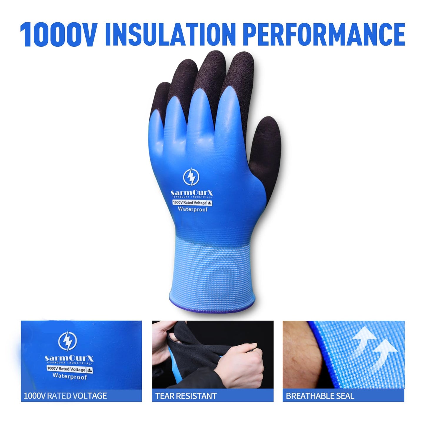 Electrician Insulated Gloves 1000V High Voltage, Waterproof for Palm Rubber Non-Slip Electrical Gloves (Blue, 1Pair-1000V)