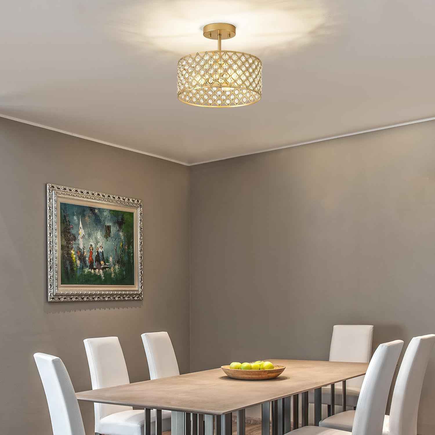 Modern Black Crystal Semi Flush Mount Ceiling Light Fixture - 11.2" Round Chandelier for Dining Room, Hallway, Kitchen & Bedroom
