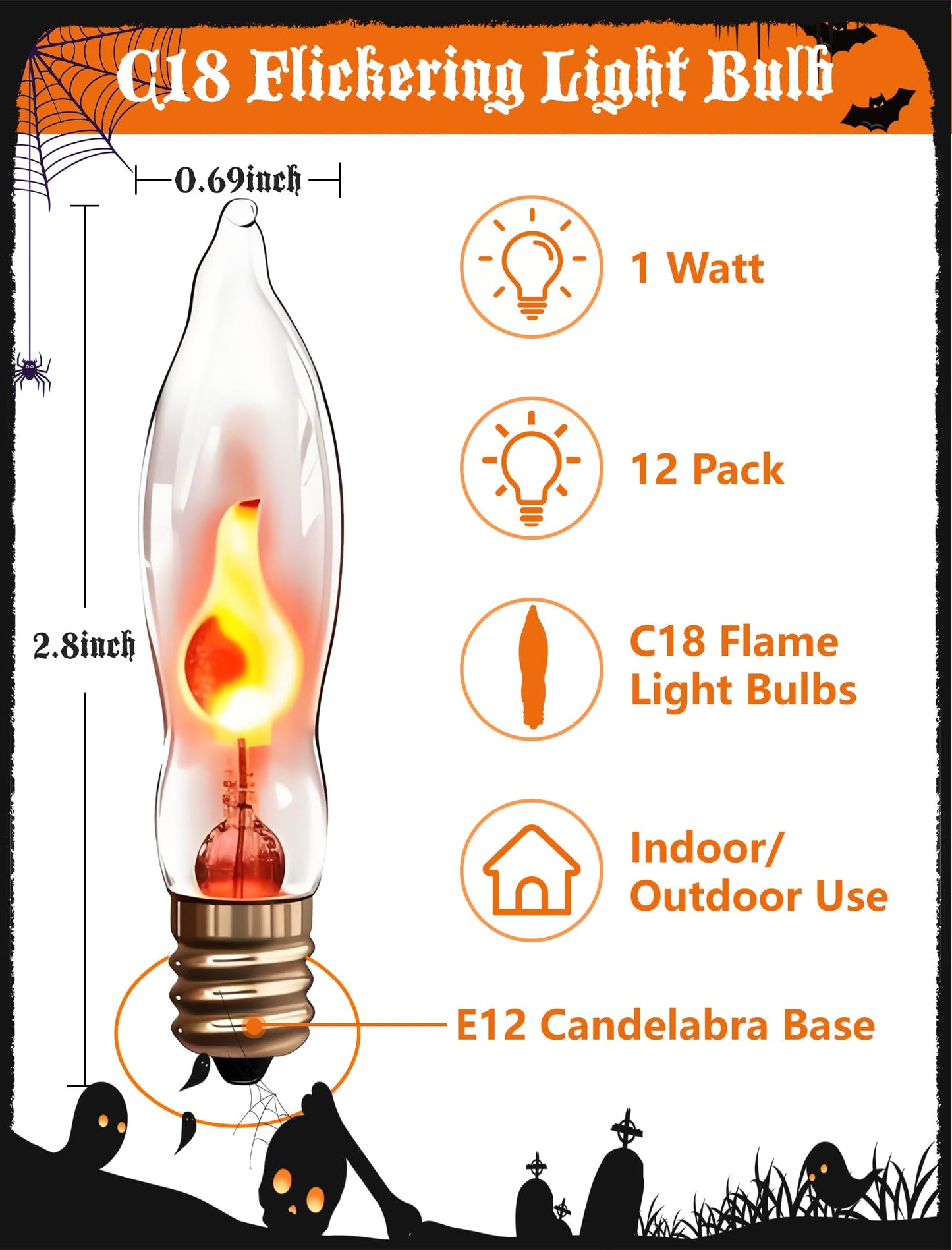 12 Pack E12 Halloween Clear Flicker Flame Light Bulbs, Flickering Night Light Replacement Bulbs, C18 Candle Bulb for Outdoor Halloween Christmas String Lights Electric Window Candle Chandeliers, 1W