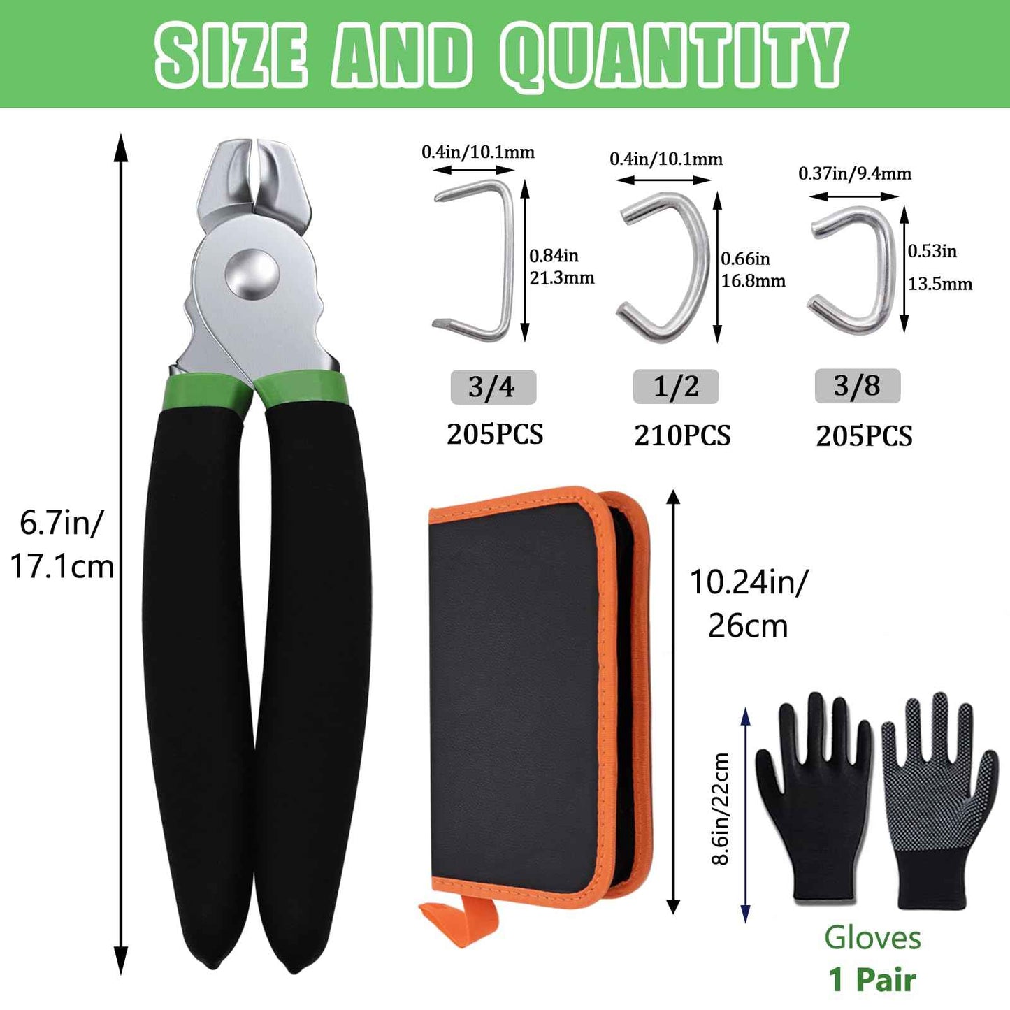 Ruibapa 620 Pcs Hog Rings with Straight Hog Ring Pliers Kit with Leather Tool Kit, 3/4" 1/2" 3/8 "Galvanized Hog Rings for Animal Pet Cages、Ropes、Bagging、DIY Craft、Furniture