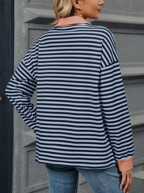 DMOYALA Striped Sweatshirt - Women's Long Sleeve Polo V-Neck Oversized Fall Top | Trendy Y2K Style