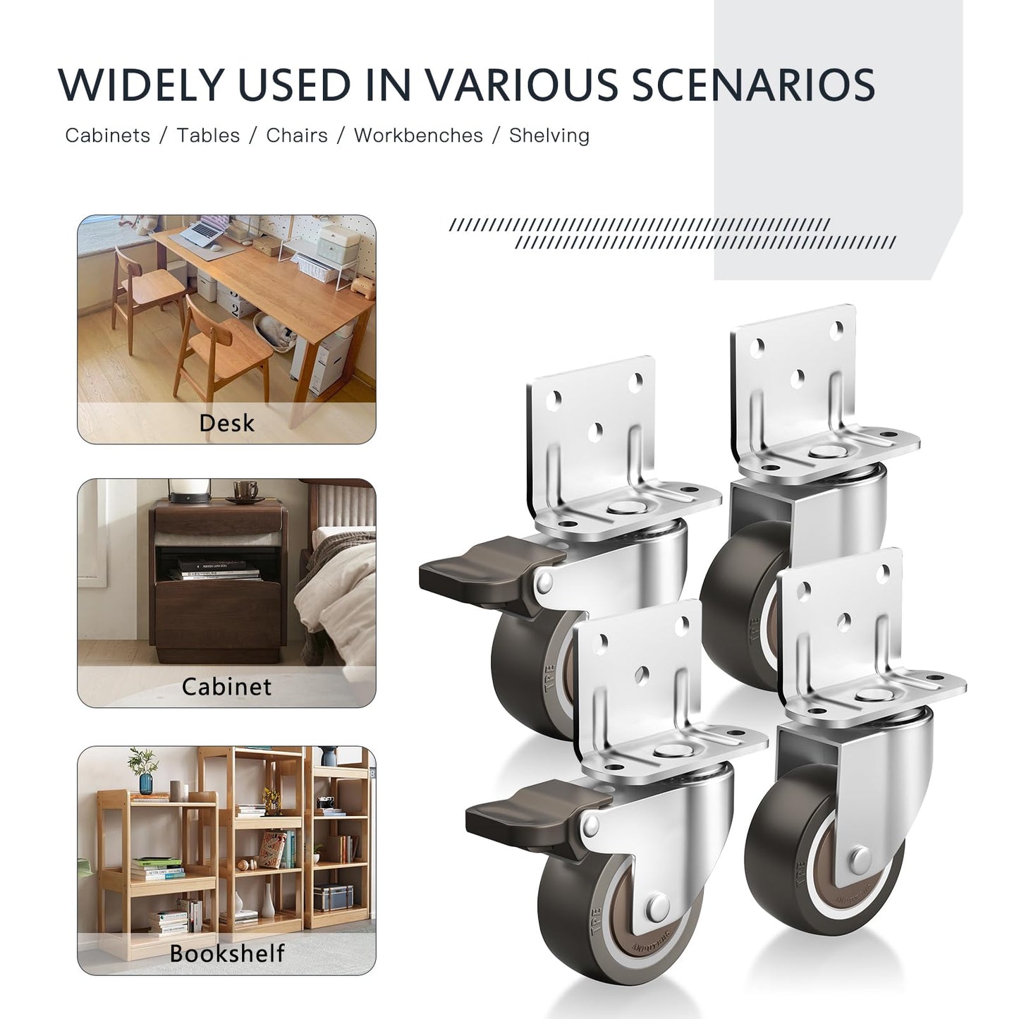 ANDUTEES Side Mount Casters, 1.5 Inch Furniture Wheels, L-Shaped Rubber Casters Set of 4, 360-Degree Locking Swivel Top Plate Small Castor Wheels for Furniture, Baby Bed, Kitchen, Cabinet, Table.