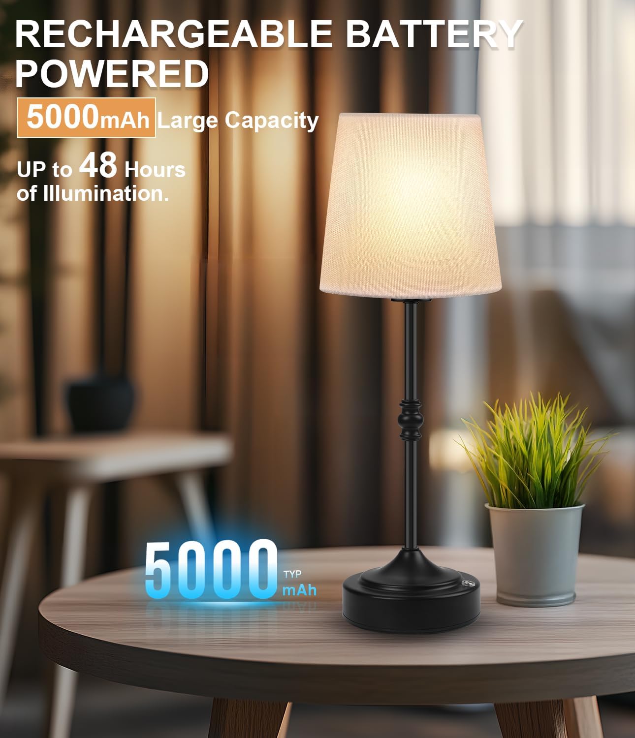Rechargeable Cordless Touch Table Lamp - 5000mAh Battery, 3-Level Dimmable, Portable Brass Night Light for Home & Patio