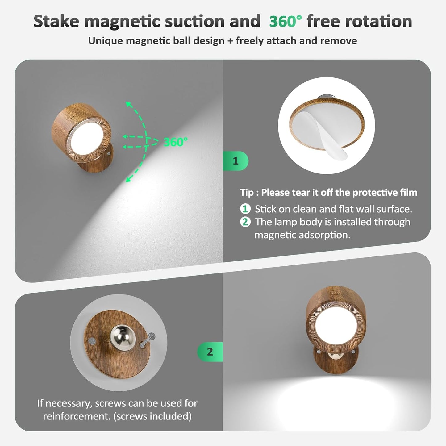 Rechargeable LED Wall Mounted Lights - 3 Pack with Remote, Dimmable & 360° Rotation for Bedroom