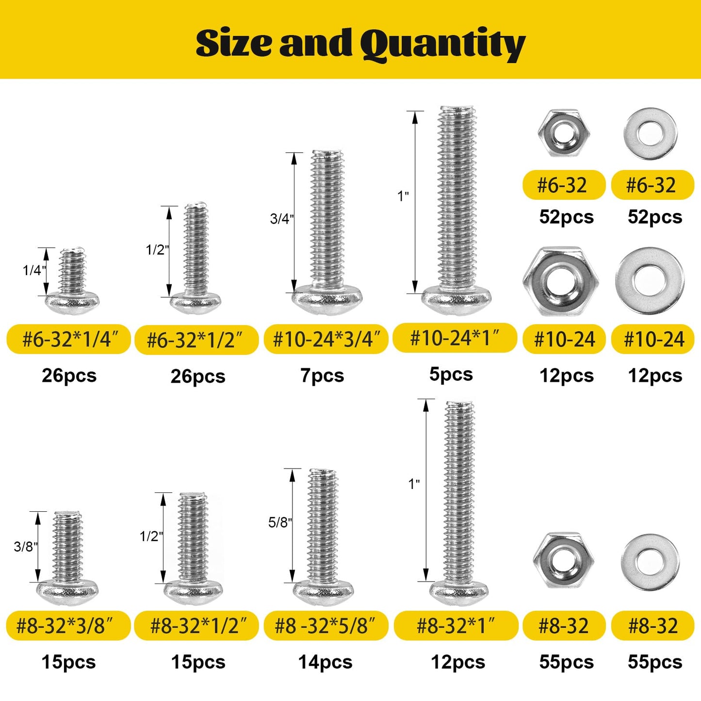 Fgruh 358PCS Machine Screws and Nuts Assortment Kit, #6-32#8-32#10-24 Phillips Pan Head Bolts Assorted, 304 Stainless Steel Nuts Bolts and Flat Washers Set