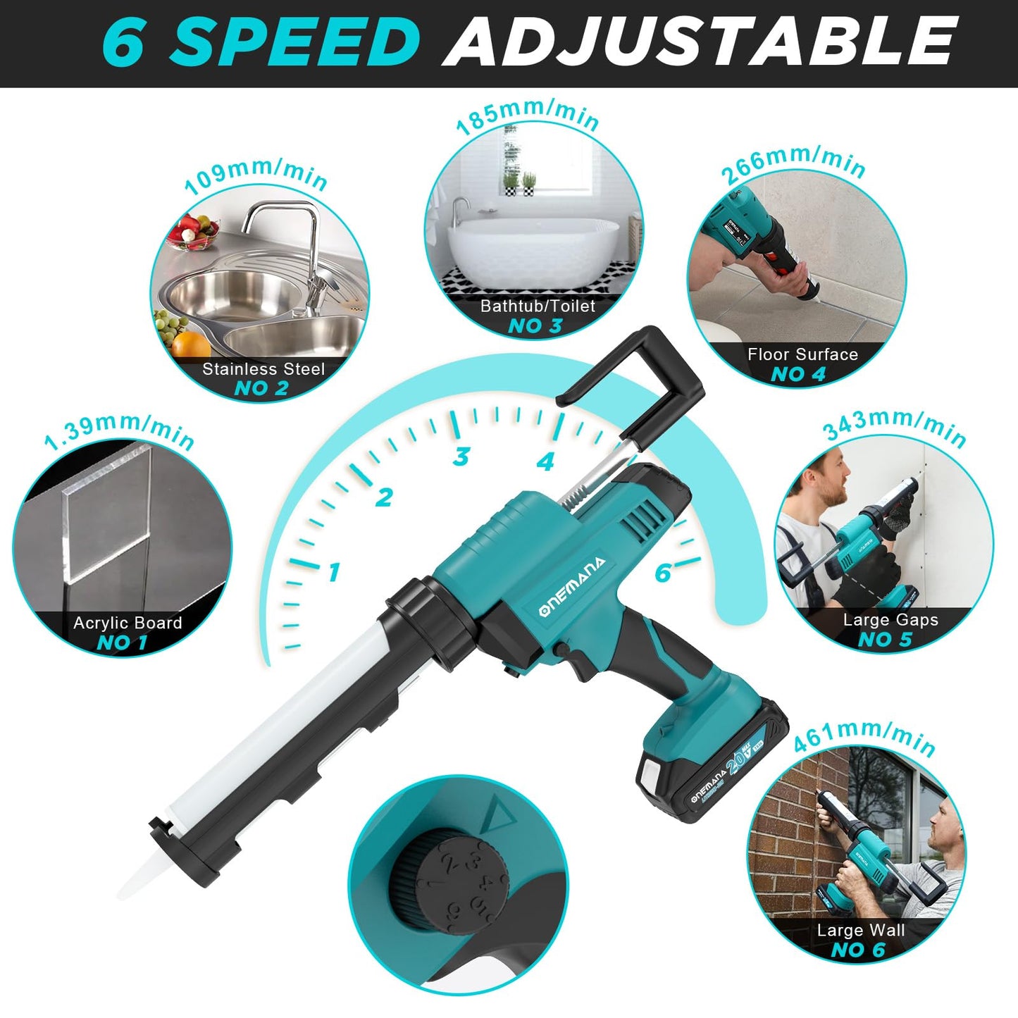 Cordless Caulking Gun, 20V Electric Caulk Adhesive Gun ONEMANA 6 Speed Anti-Drip Max 6500N Force 10oz/300ml Cartridges Caulking Tool with 2.0Ah Battery and Charger