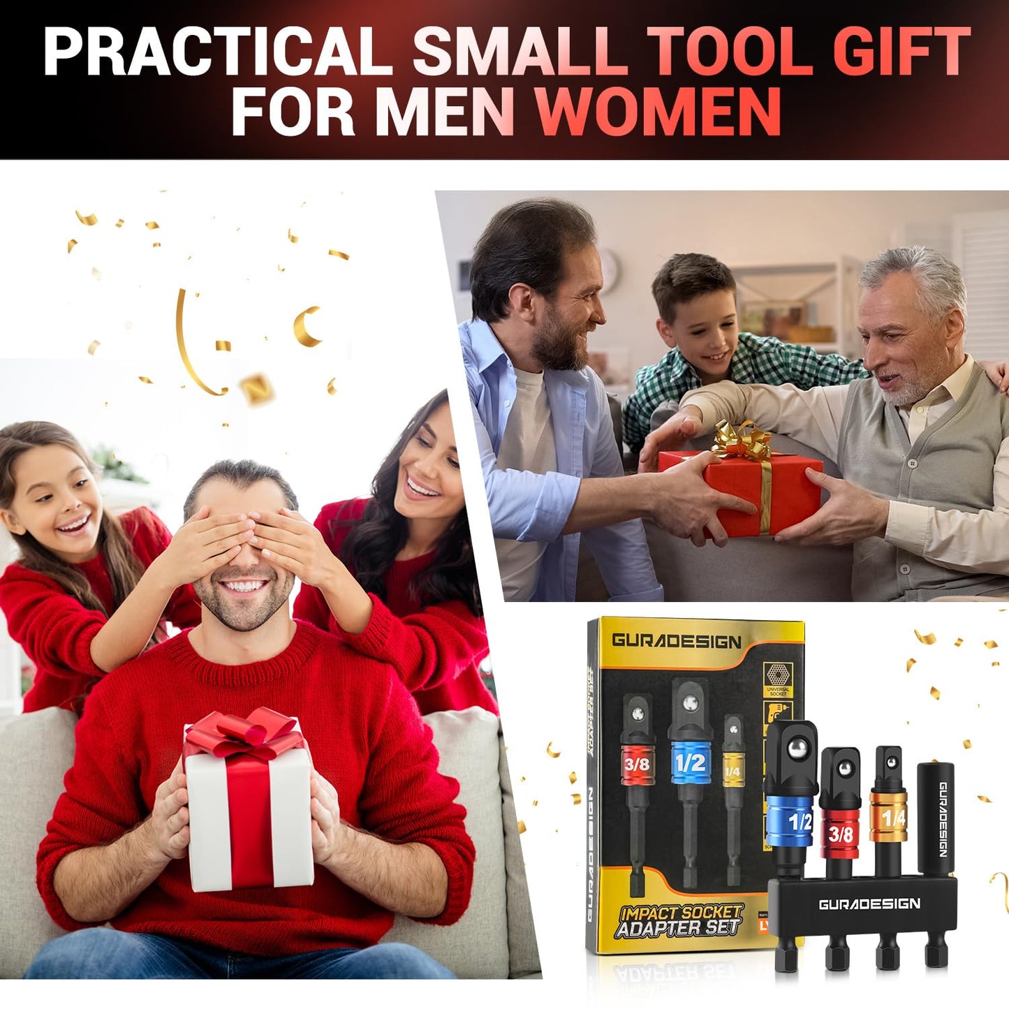 GURADESIGN 8-Piece Impact Socket Adapter Set for Drill, 1/4" 3/8" 1/2" Hex Shank Impact Driver Socket Adapter, Socket to Drill Adapter