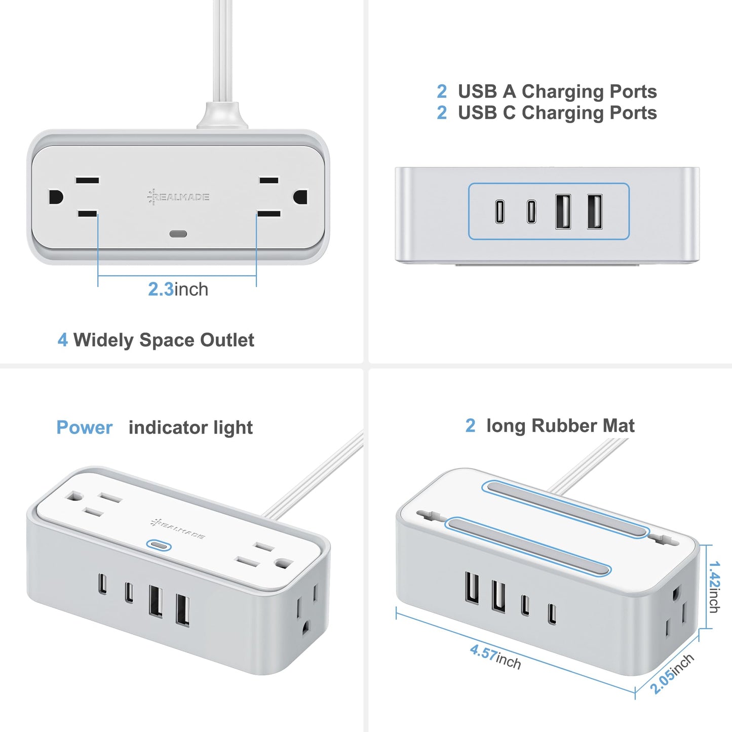 Surge Protector Power Strip, REALMADE 4 AC 4 USB Power Strip, Flat Plug Outlet Extender, 5Ft Extension Cord, Wall Mount Desk Charging for Home Office, White & Gray