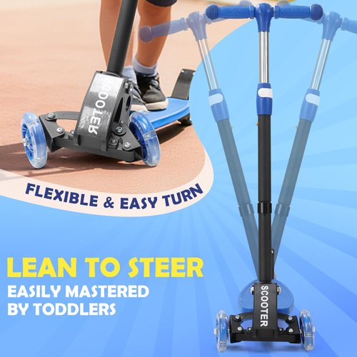 3 Wheel Scooters for Kids 2-5 Years, 3 Adjustable Heights Foldable Metal Toddler Scooter for Boys Girls Up to 120 lbs, Lean-to-Steer, Dual Rear Brake Widen Anti-Slip Deck