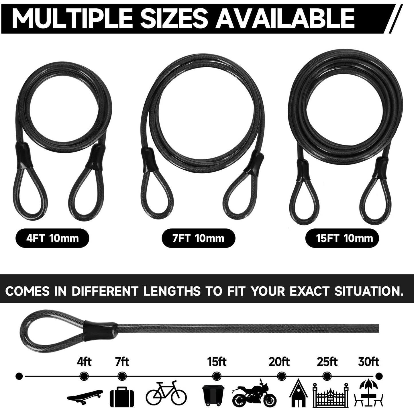 FEUOWEL Bike Lock Cable, 10mm Thick/4FT Long Heavy Duty Security Cable with Loops, Vinyl Coated Cut Resistant Anti-Theft Bike Cable Lock Security Chain Bike Steel Cable (4ft, 7ft, 15ft Available)