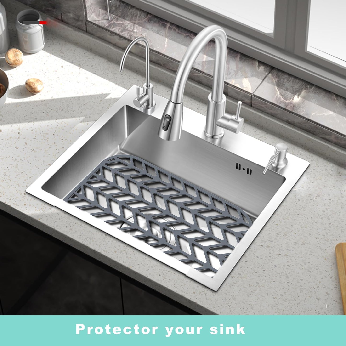 AWOKE Sink Protectors for Kitchen Sink - 12.25" x 11.5" Sink Mat - Heat-resistant Easy-clean Silicone Sink Mat - for Protection of Stainless Steel Sink (Grey)