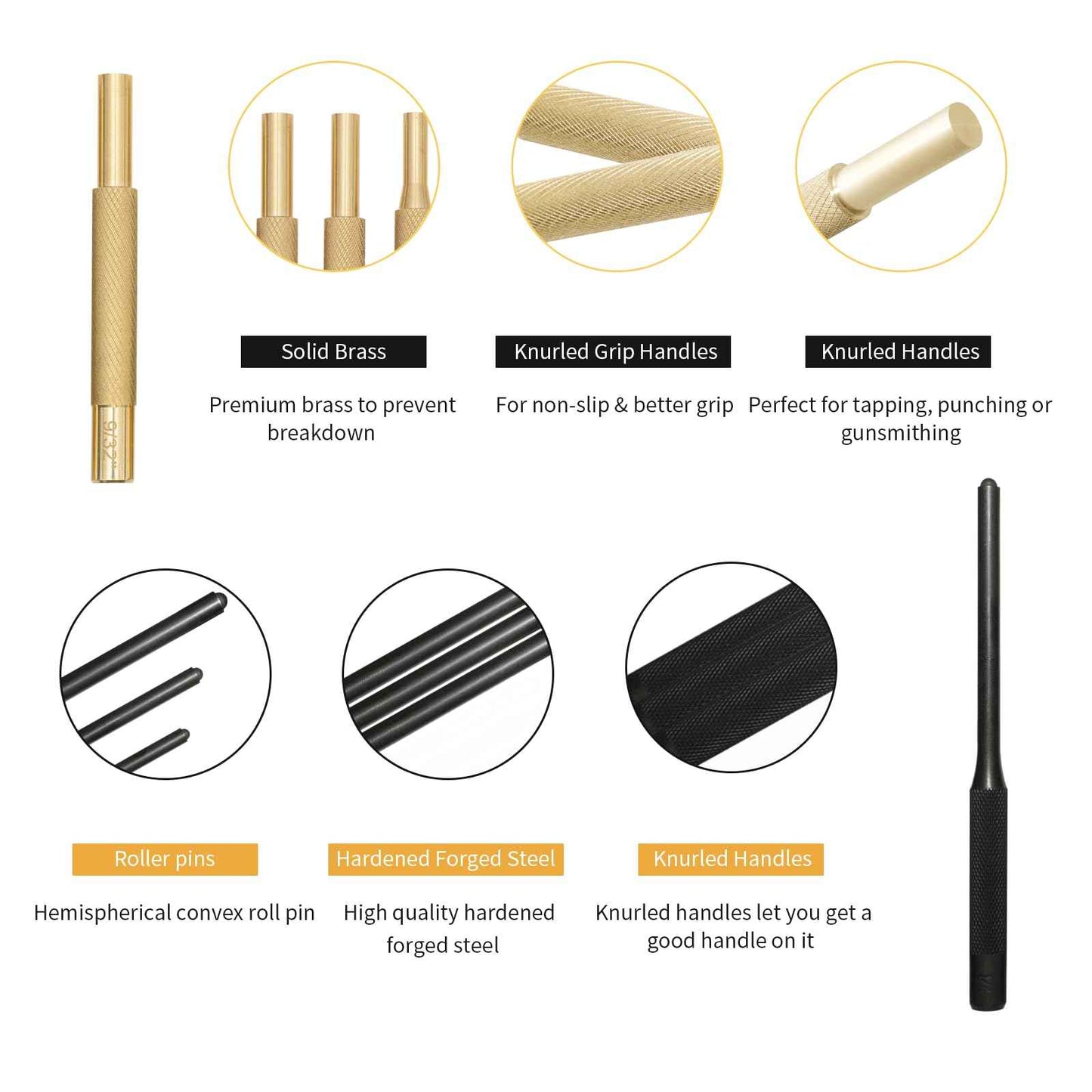 Pin Punch Set, 20pcs Punch Removing Repair Tools, Including Brass Pin Punches, Steel Pin Punches with Storage Pouch&Hammer (Brass+Steel Pin Punches)