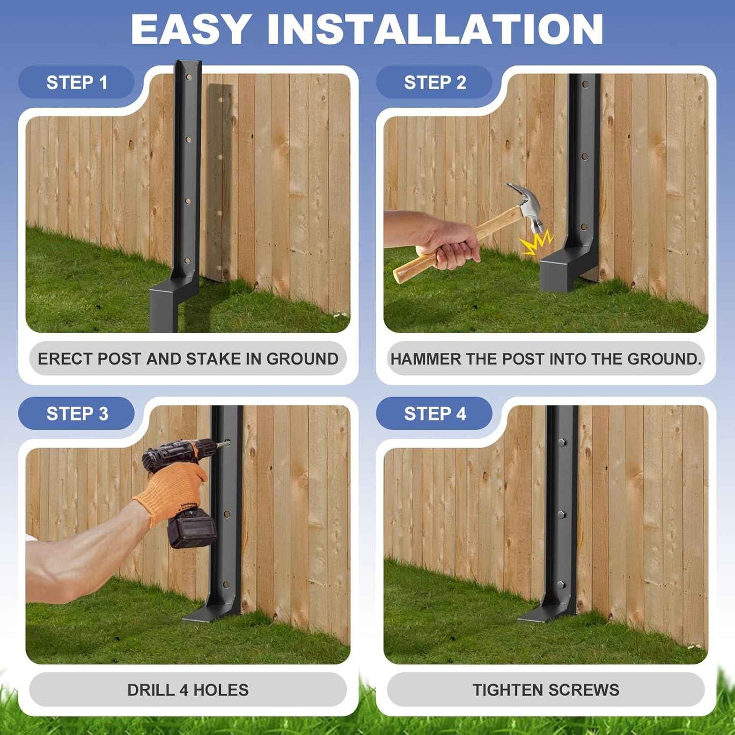 Heavy Duty 4-Pack Fence Post Repair Kit - 33.6" Ground Stakes for Tilted/Broken Wood Posts