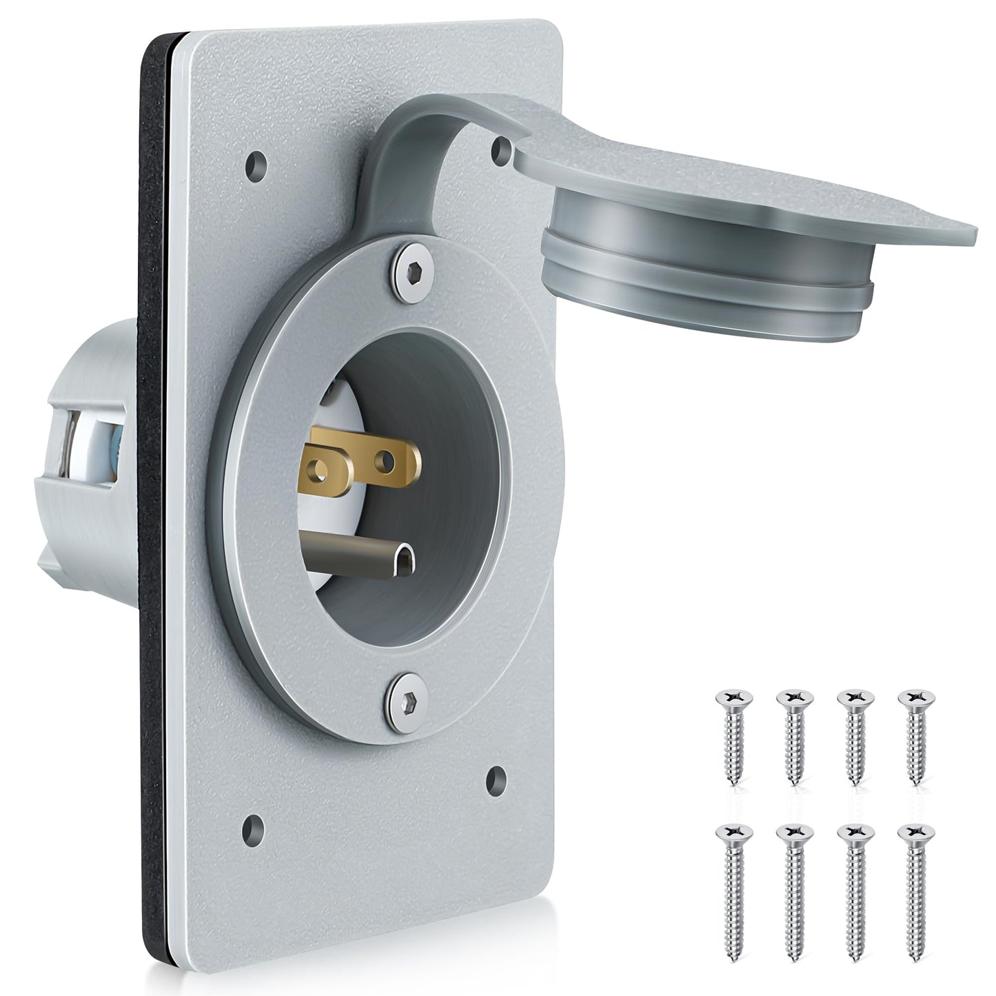 1 Pack 15 AMP Straight Blade Flanged Male Power Inlet Receptacle, 15 A, 125V NEMA 5-15P Integrated Nylon Faceplate Body and Rubber Waterproof Cover Electrical Outlet for Home/car/Boat/RV Inlet (Grey)