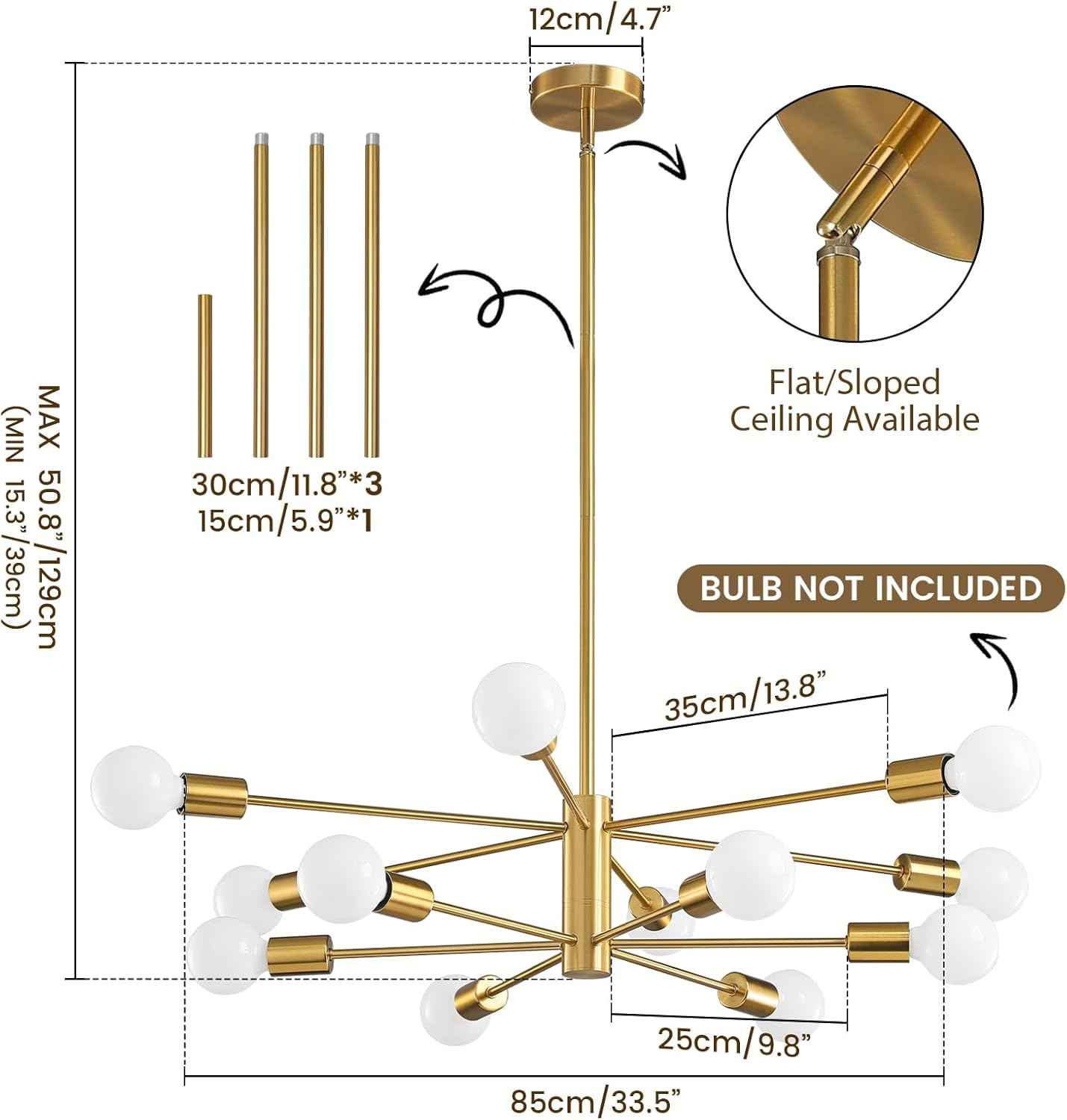 8-Light Gold Sputnik Chandelier - Modern Adjustable Ceiling Light for Dining Room, Kitchen & Foyer