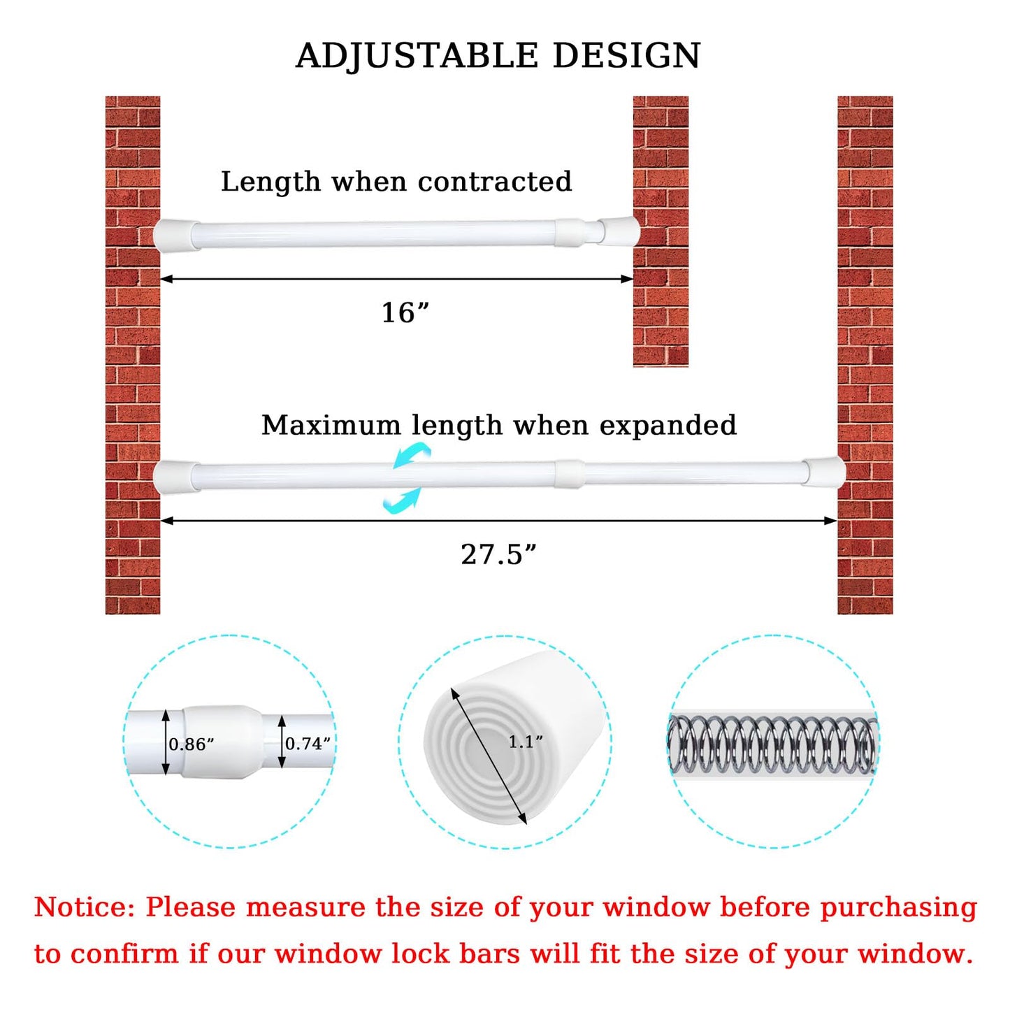 toresper 1 Pack Window Security Bars Adjustable Sliding Glass Door Lock Bars 15.7''-27.5'' Tension Rods 1.2'' Diameter Window Safety Lock Bar Stopper with Rubber Tips (White-1Pcs, 15.7''-27.5'')