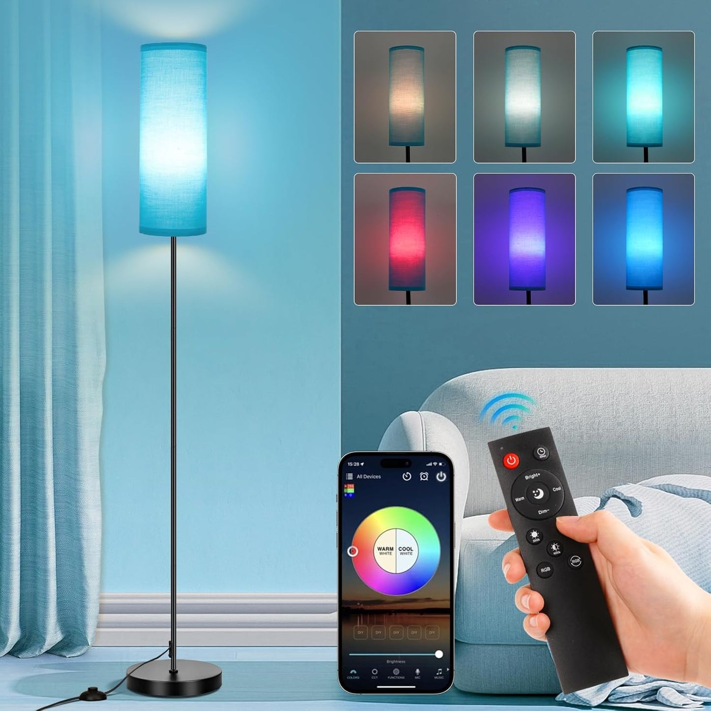 Modern Dimmable Floor Lamp with Remote - RGB Smart Bulb for Living Room, Bedroom & Office