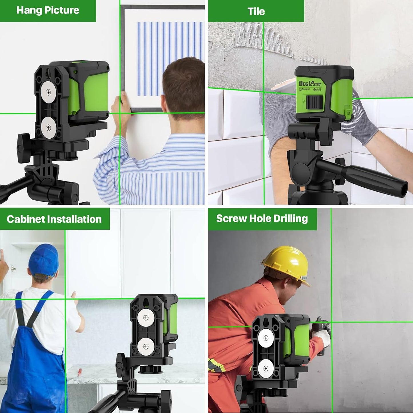 DEGLASERS Green Self-Leveling Laser Level with Tripod - 100ft Cross Line Tool for Home Renovation & Picture Hanging