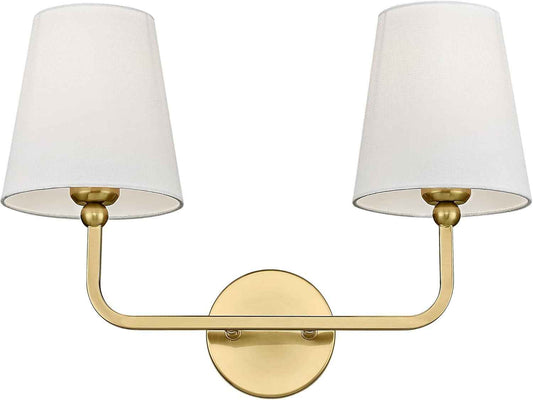 Brushed Gold 2-Light Bathroom Vanity Wall Sconce with White Fabric Shade - Modern Lighting for Hallway & Bedroom